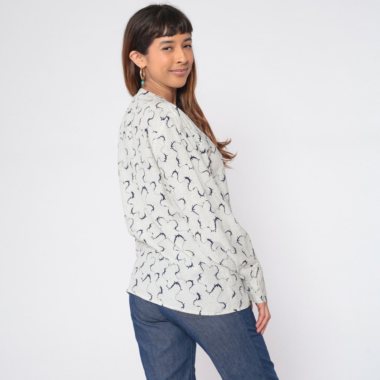 90s Evan Picone Abstract Dot Print Button-Up Blouse White Long Sleeve Medium