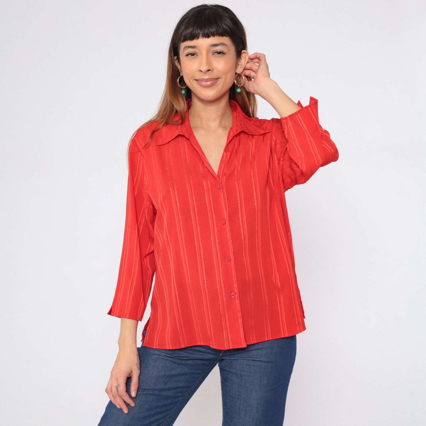 90s Red Metallic Striped Button-Up Blouse Collared V-Neck Large L