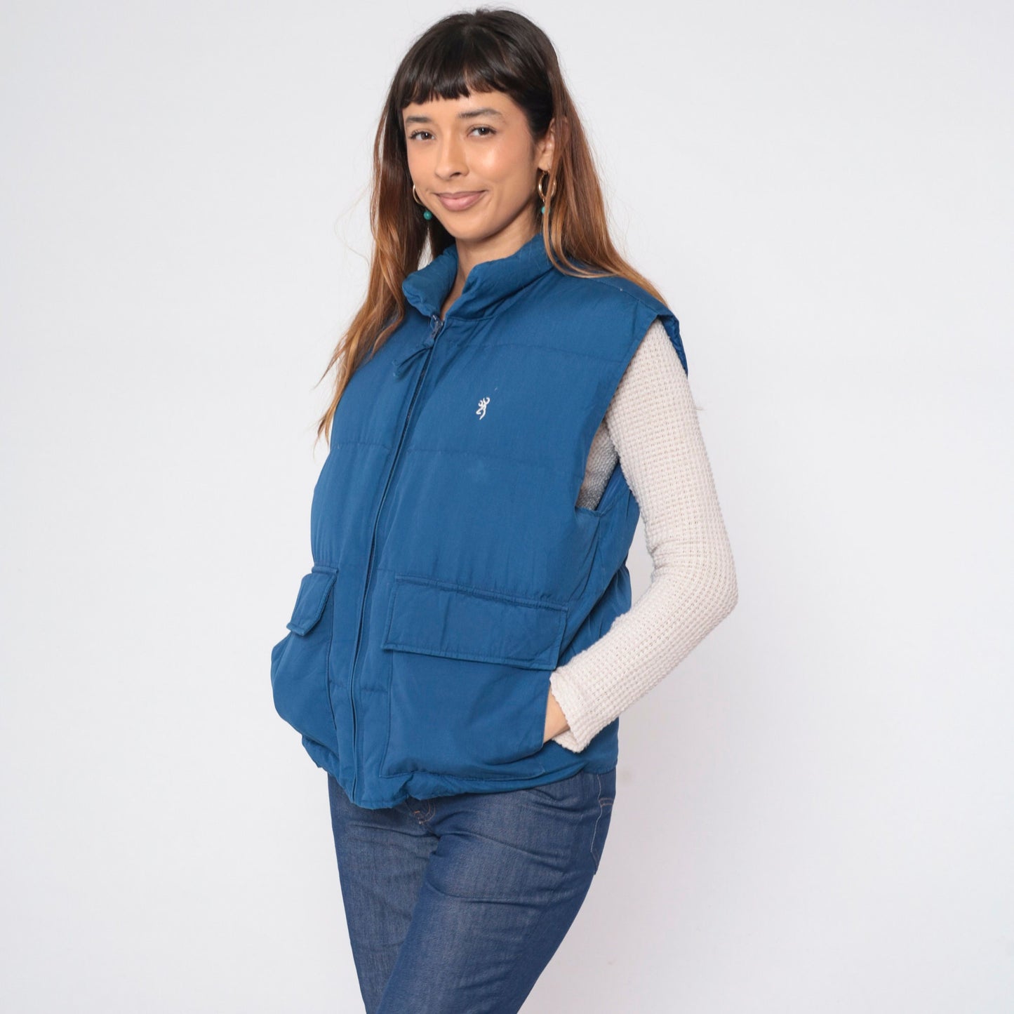 80s Browning Navy Puffer Vest Down Fill Zip Sleeveless Medium