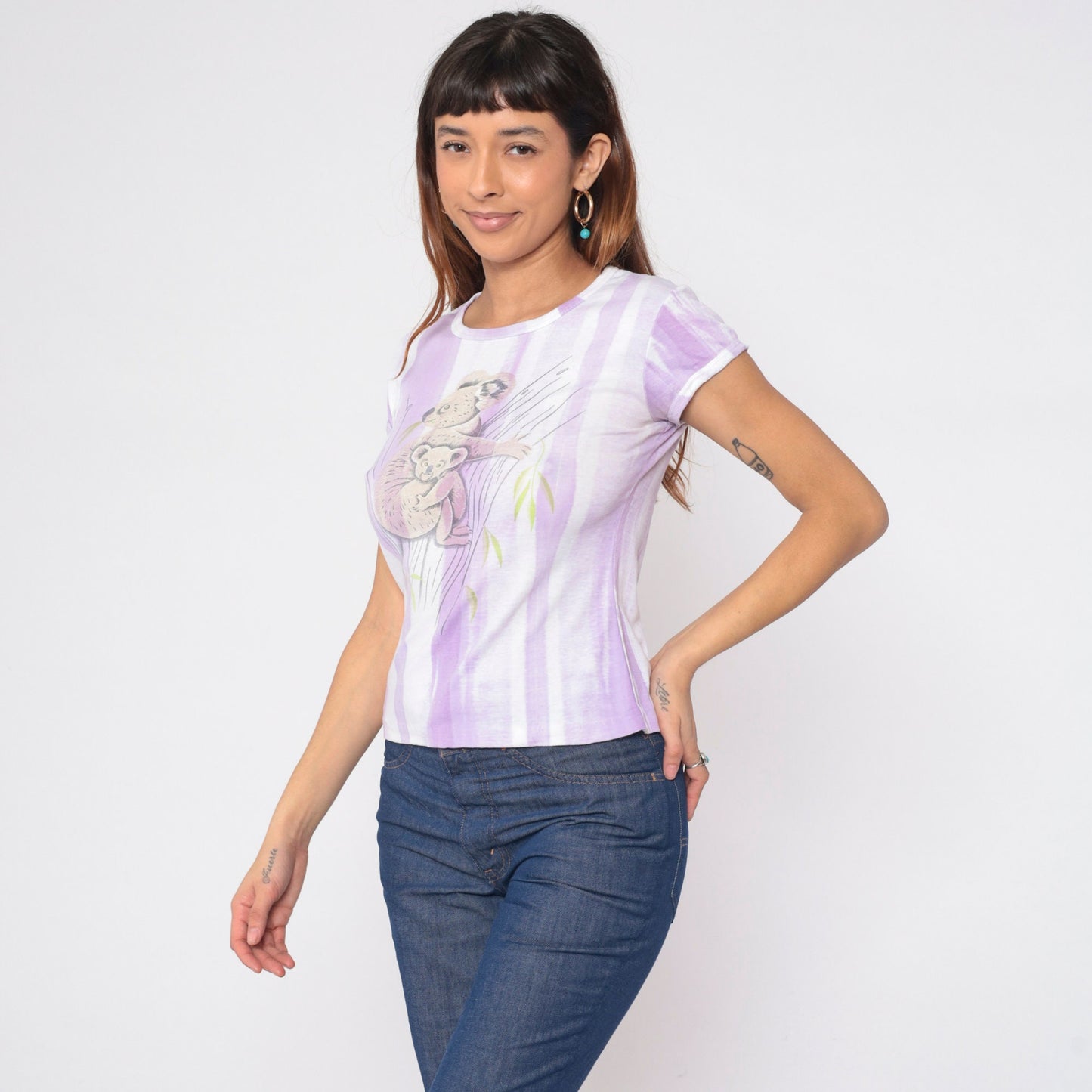80s Koala Mama Baby Graphic T-Shirt Purple White Striped Cap Sleeve Small Medium