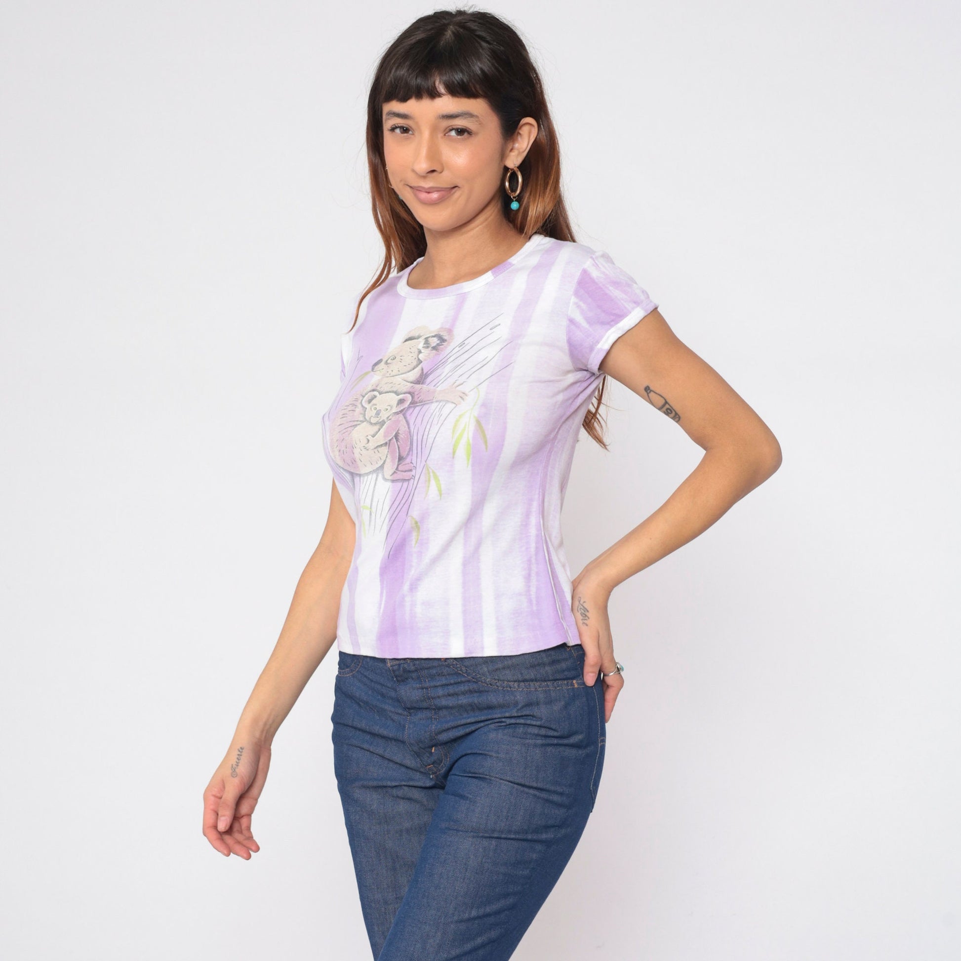 80s Koala Mama Baby Graphic T-Shirt Purple White Striped Cap Sleeve Small Medium
