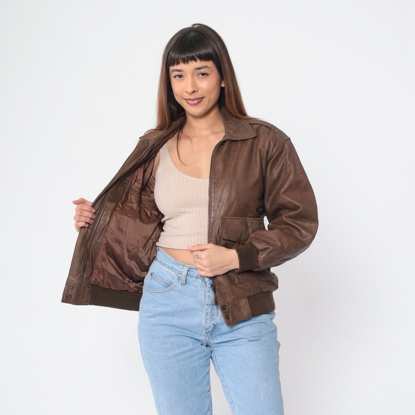 90s Georgetown Leathers Brown Leather Bomber Jacket Small S