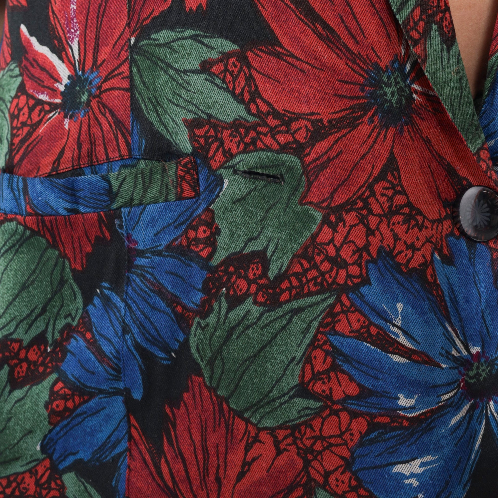 90s Floral Print Button-Up Blouse Deep V-Neck Short Sleeve Medium