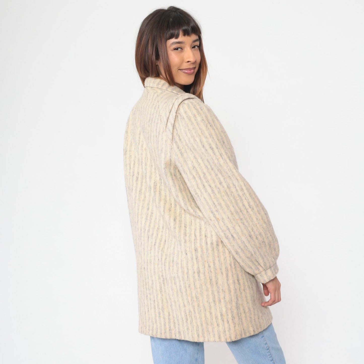 80s Striped Wool Blend Blazer Grey Cream Double Breasted Tailored Medium M