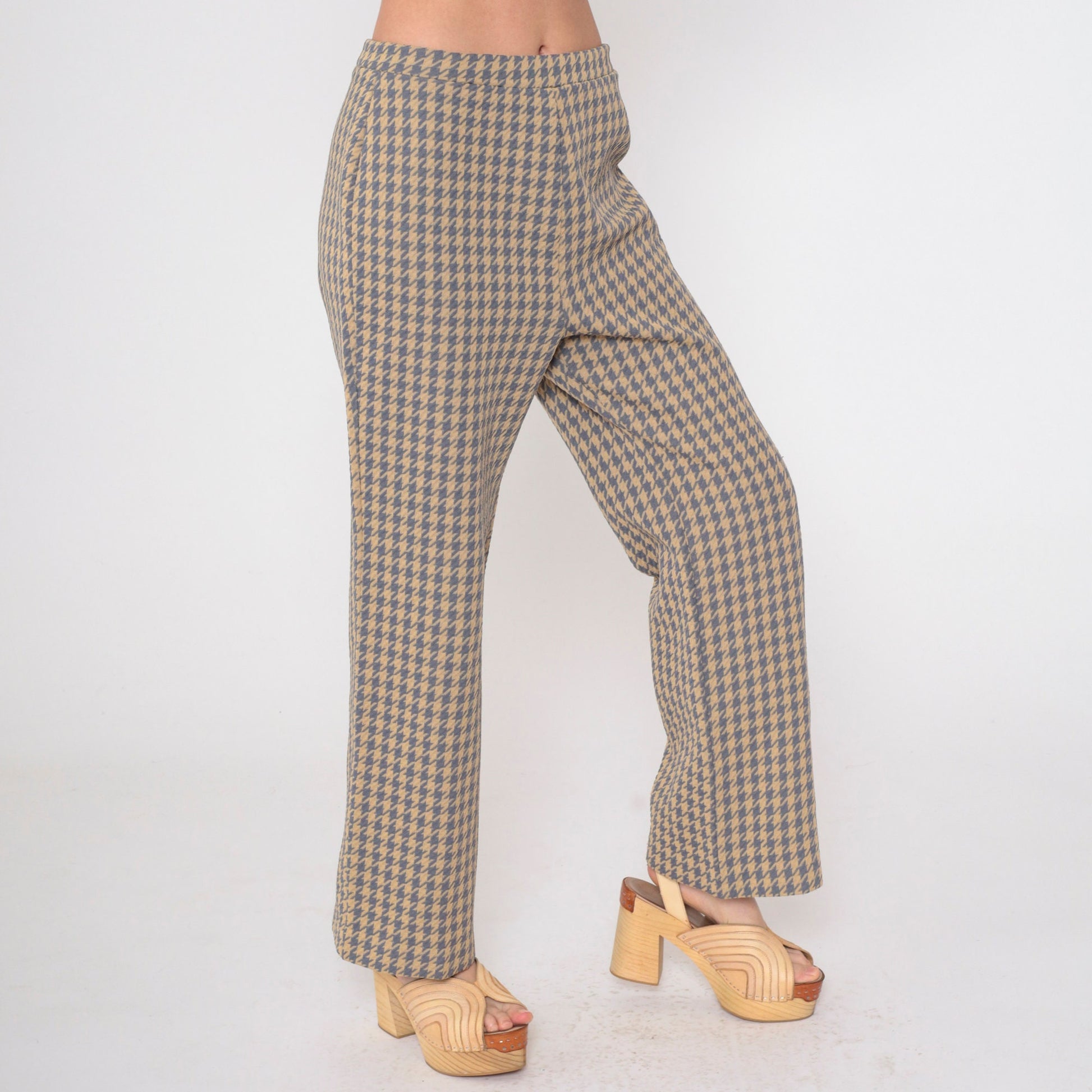 70s Houndstooth Flared Trousers High Waist Grey Tan Checkered Small Medium