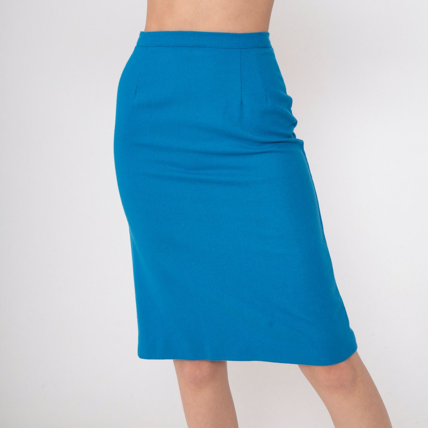 60s Blue Wool Blend Pencil Skirt High Waist Knee Length Extra Small