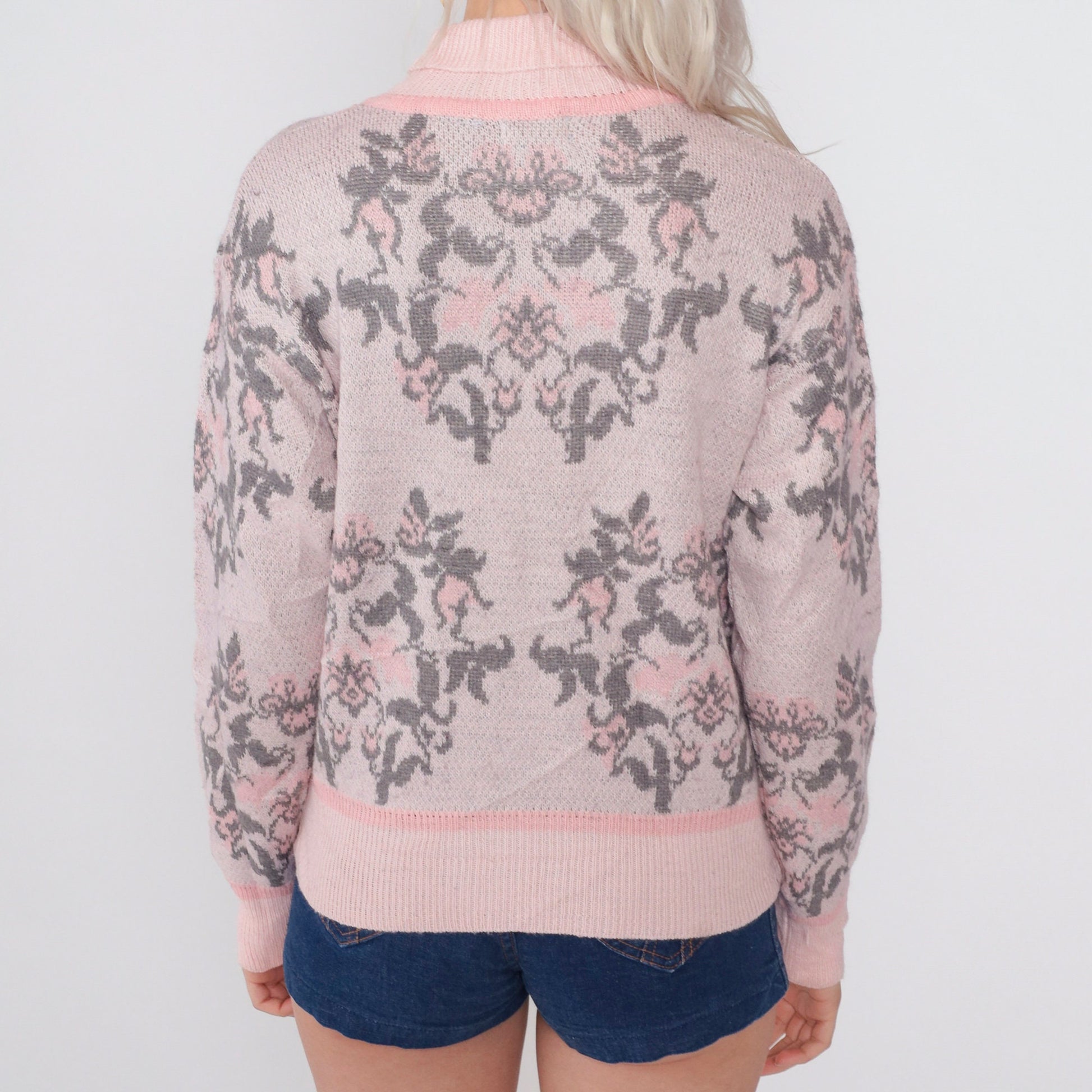 90s Pink Floral Abstract Knit Sweater Mock Neck Wool Blend Small S