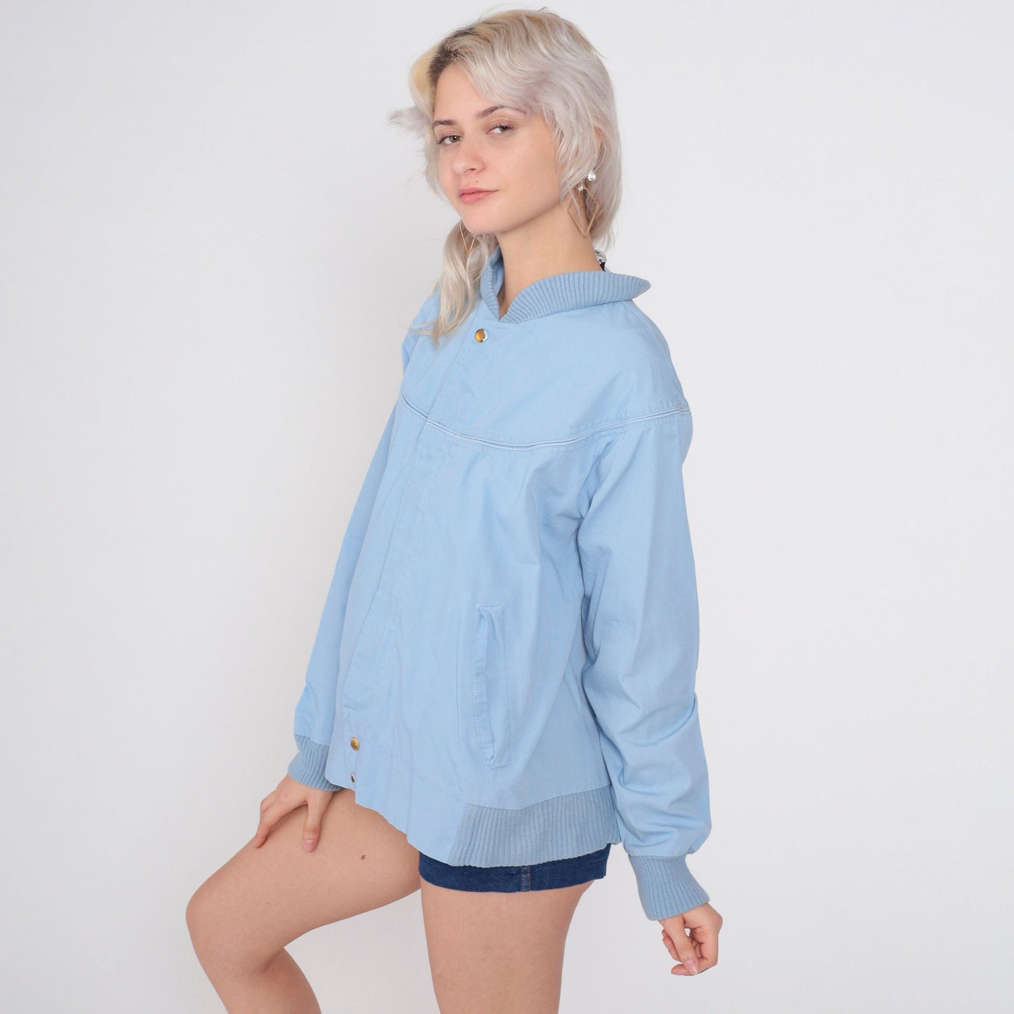 80s Baby Blue Bomber Jacket Windbreaker Zip Snap Front Medium