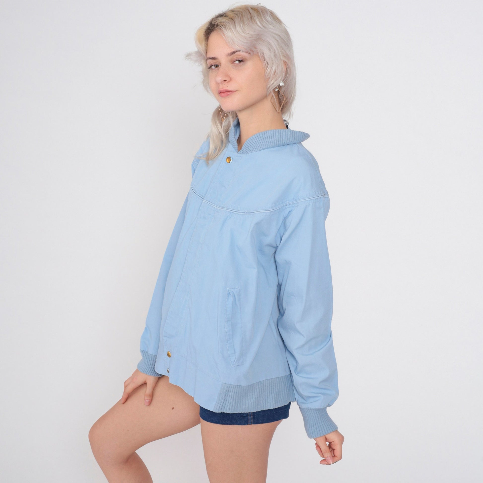 80s Baby Blue Bomber Jacket Windbreaker Zip Snap Front Medium