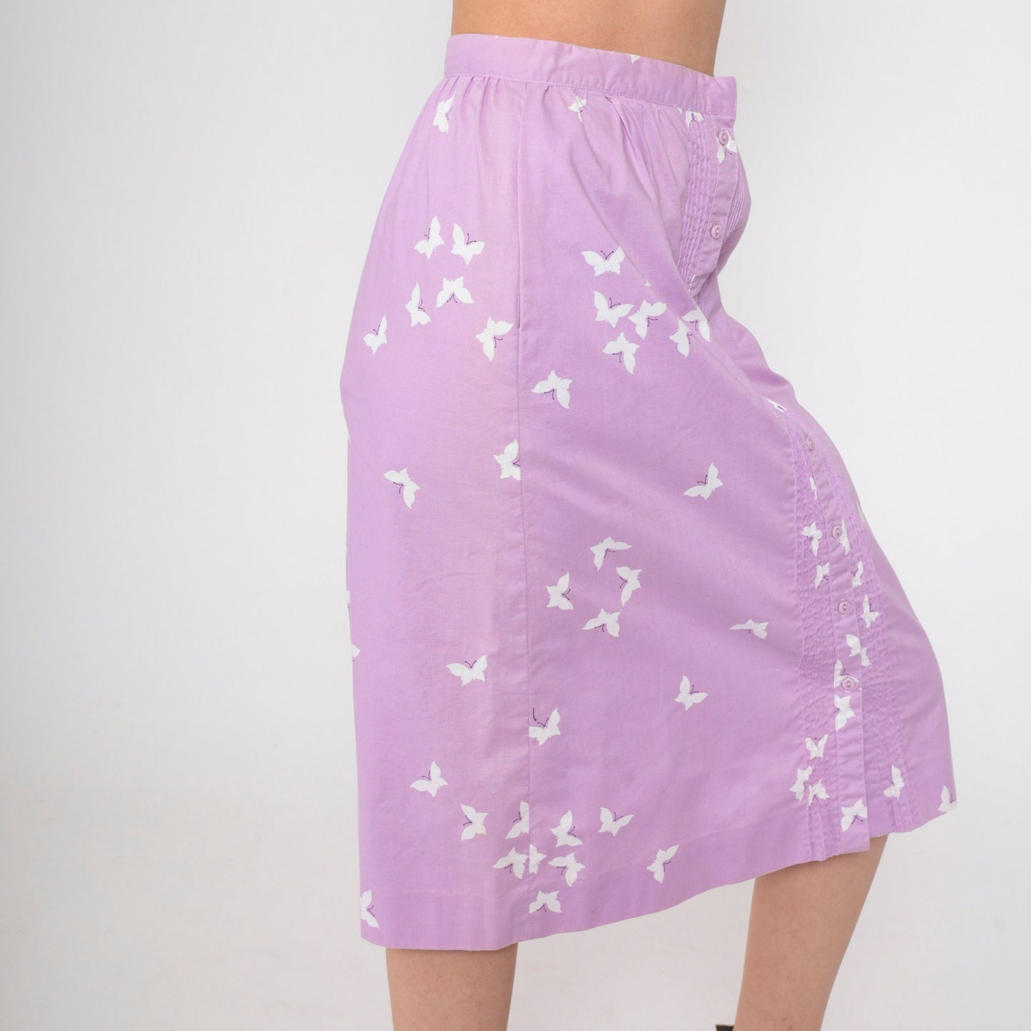 70s Lavender Butterfly Button Skirt High Waist Pintucked Midi Small