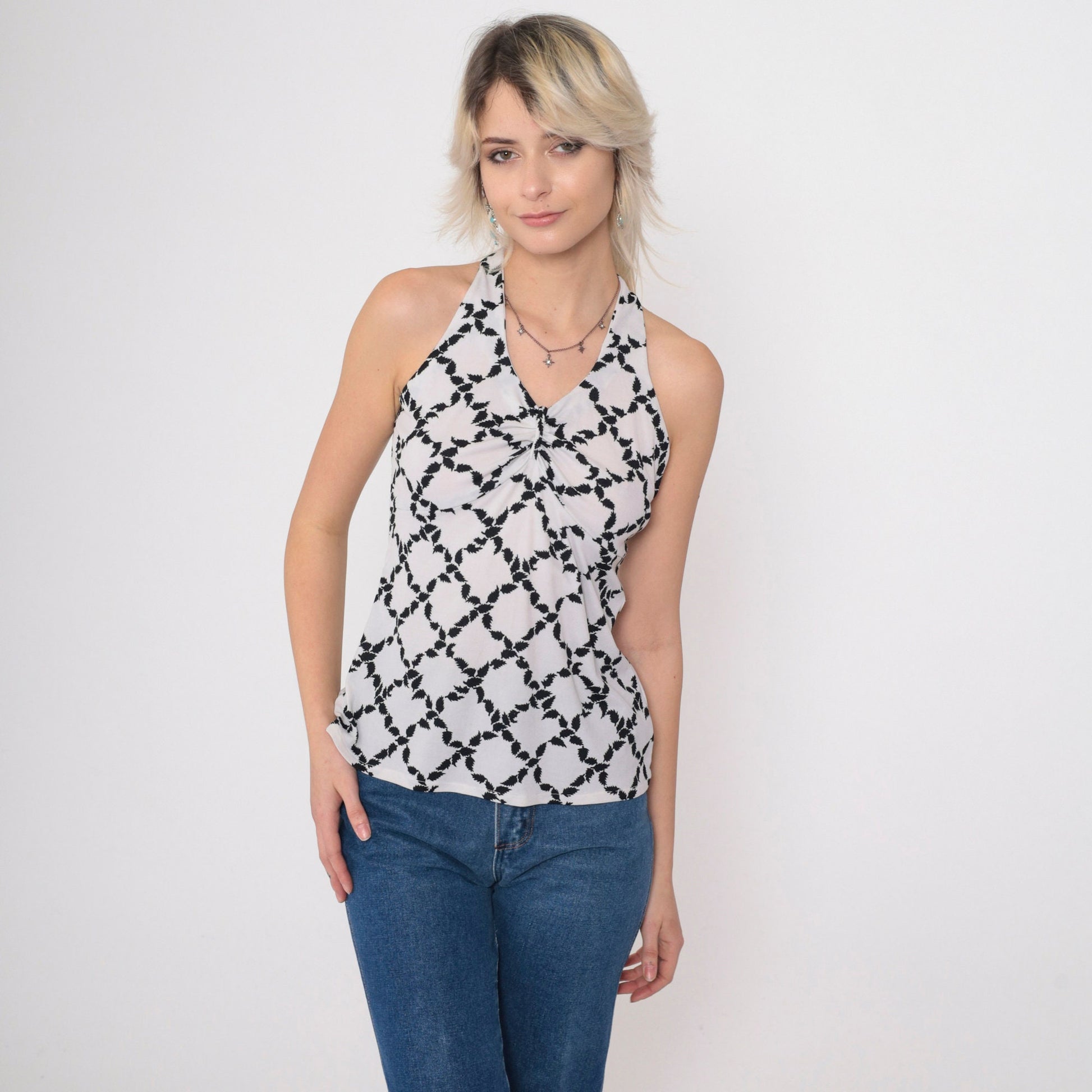 70s Halter Tank Top Black White Leaf Print Racerback Small