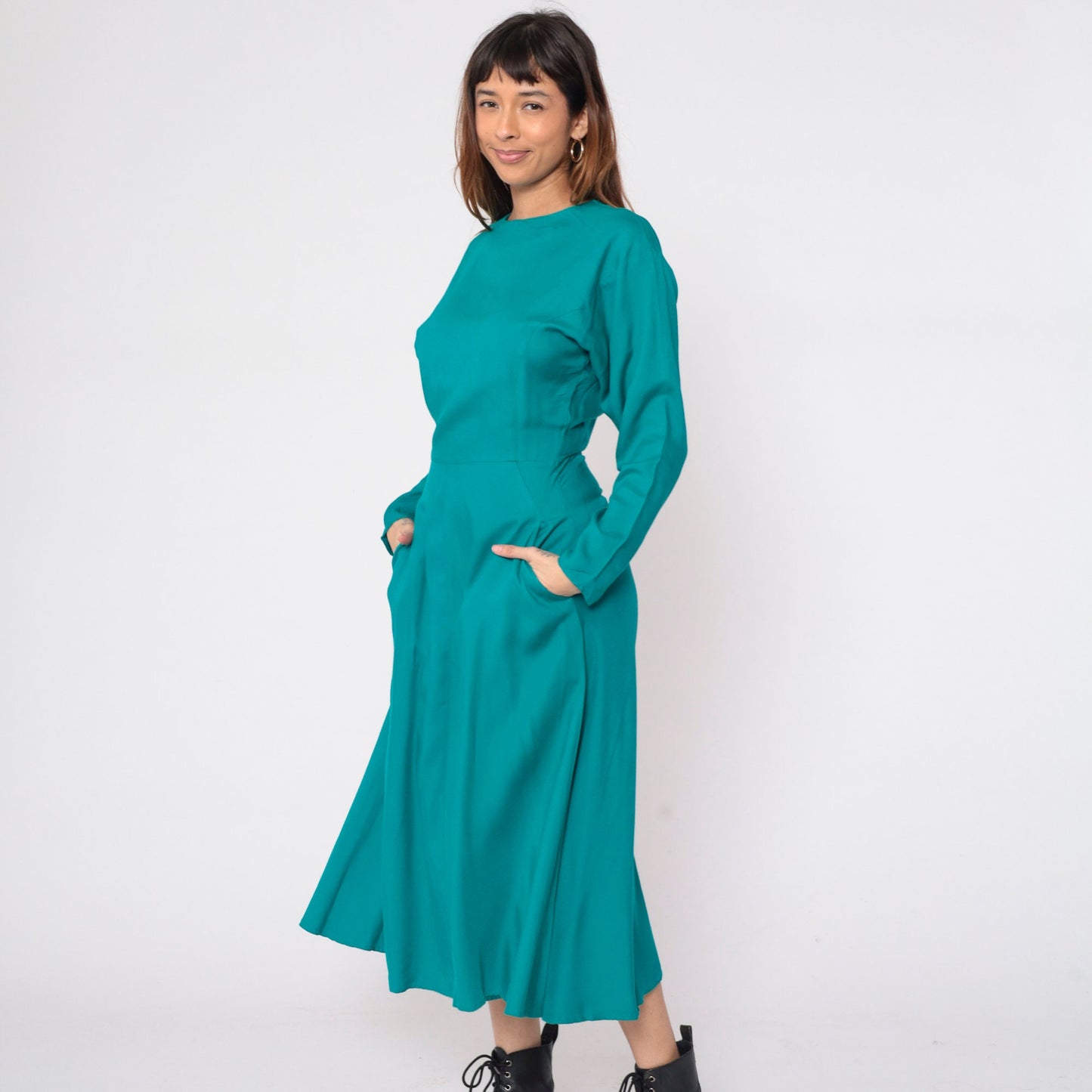 90s Teal Green Rayon Dress Button Back Batwing Sleeve Ankle Length Small