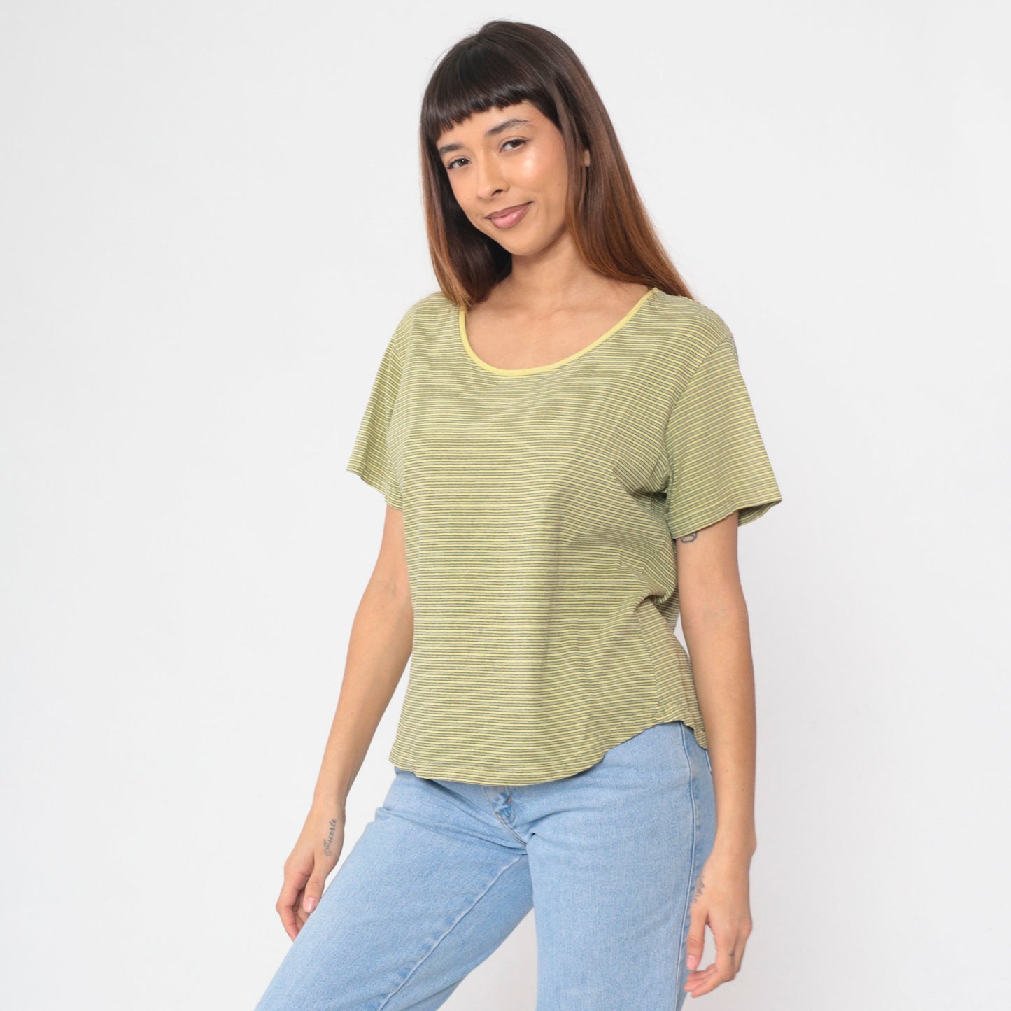 90s Gramicci Striped Yellow Scoop Neck T-Shirt Cotton Short Sleeve Large