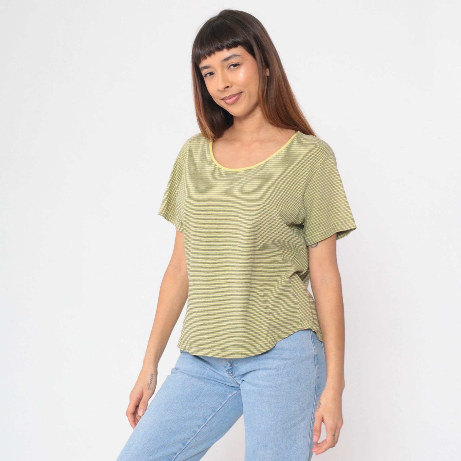 90s Gramicci Striped Yellow Scoop Neck T-Shirt Cotton Short Sleeve Large