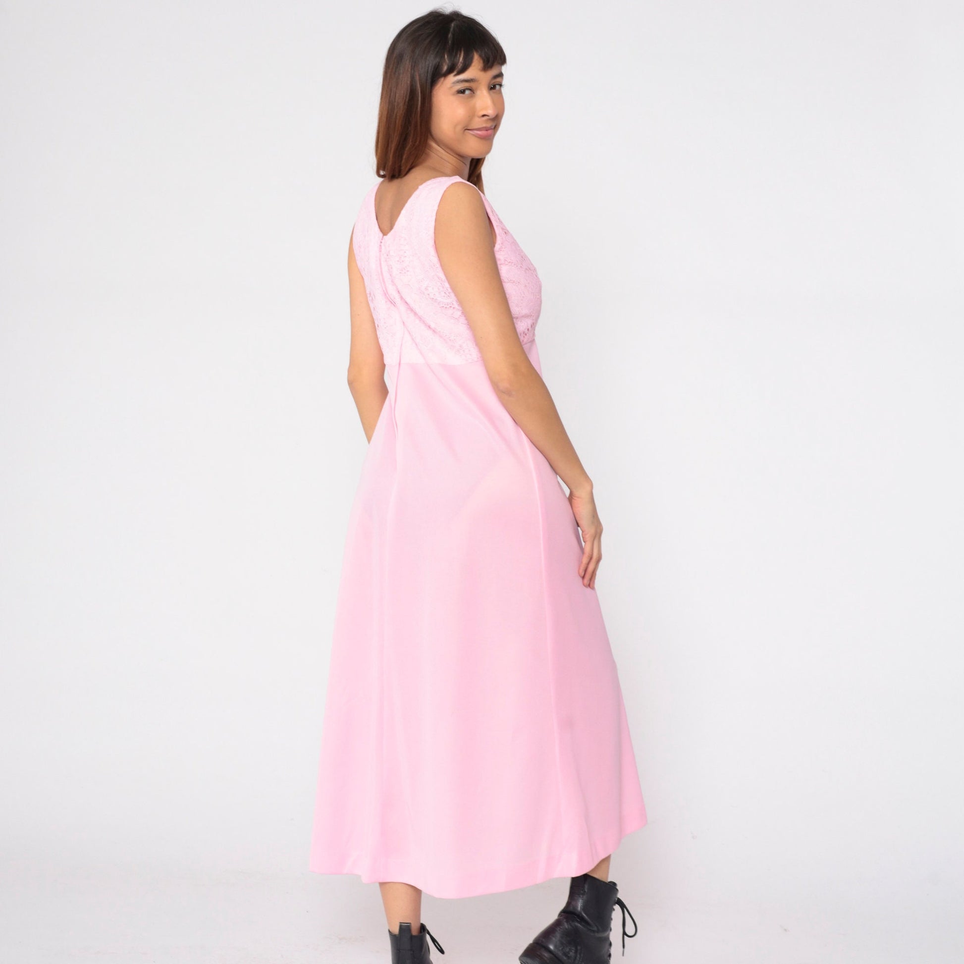 70s Pink Lace Maxi Dress High Waist Scoop Neck Sleeveless Medium