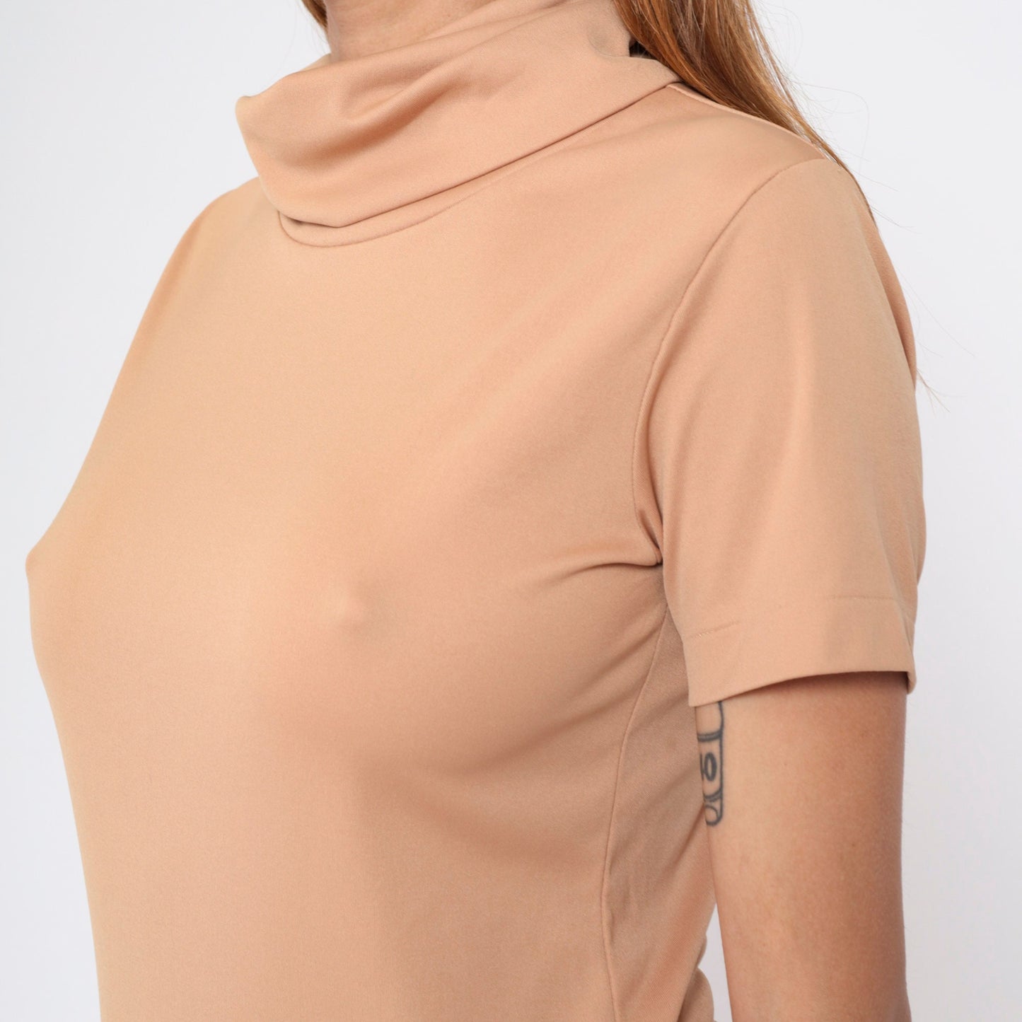 70s Tan Turtleneck Short Sleeve Blouse Medium M