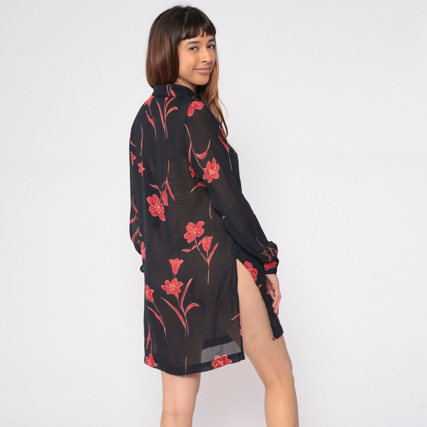90s Black Floral Button-Up Shirt Red Print Long Sleeve Side Slit Small