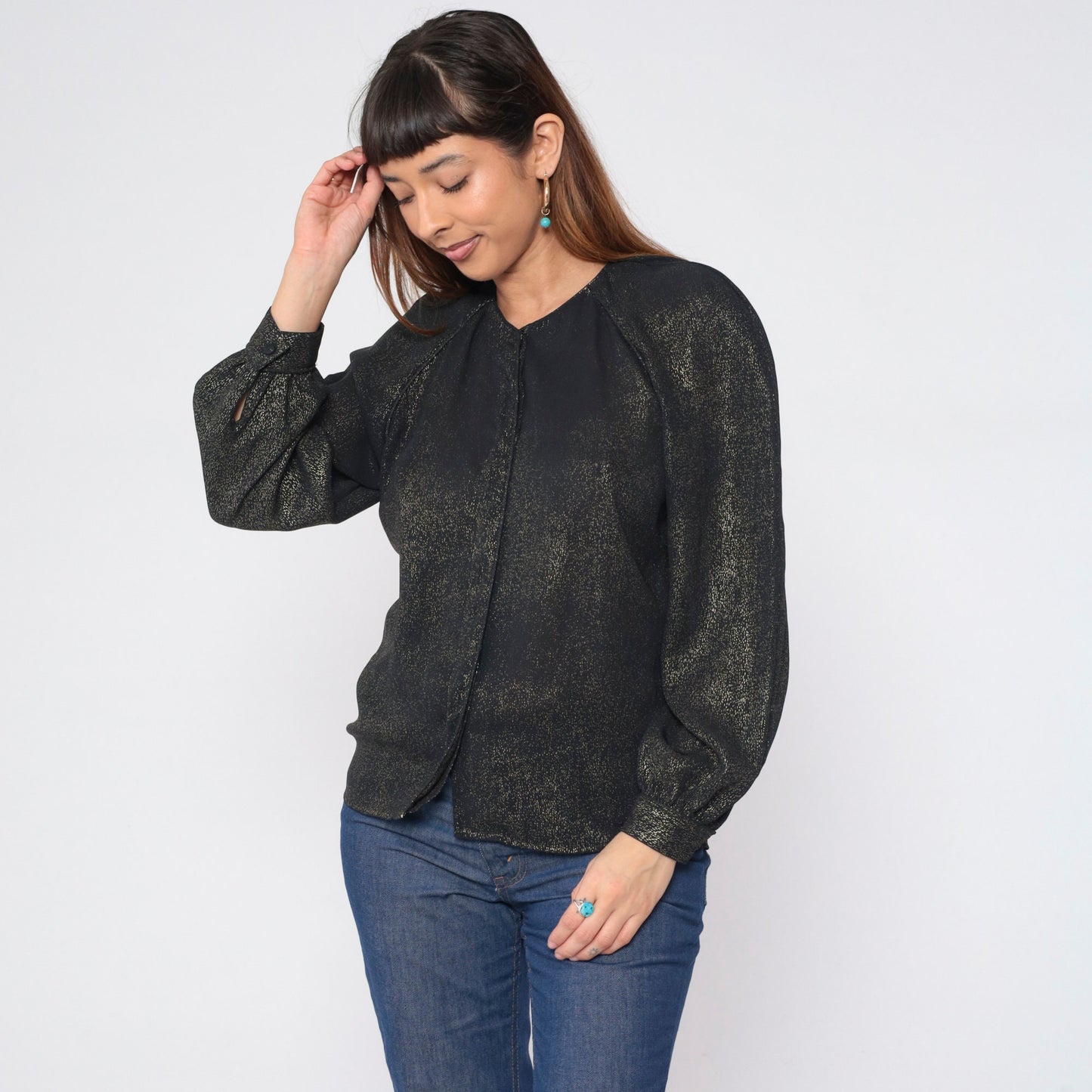 90s Metallic Black Gold Blouse Hidden Button Puff Sleeve Fitted Small S