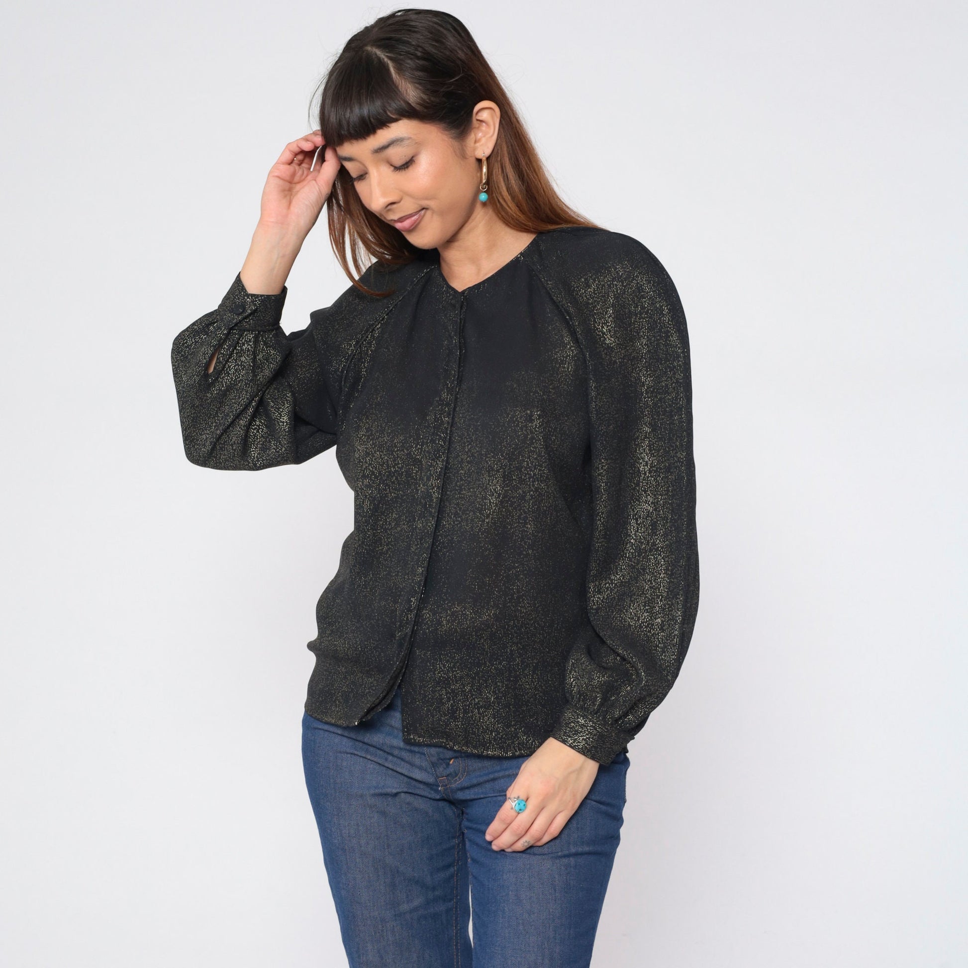 90s Metallic Black Gold Blouse Hidden Button Puff Sleeve Fitted Small S