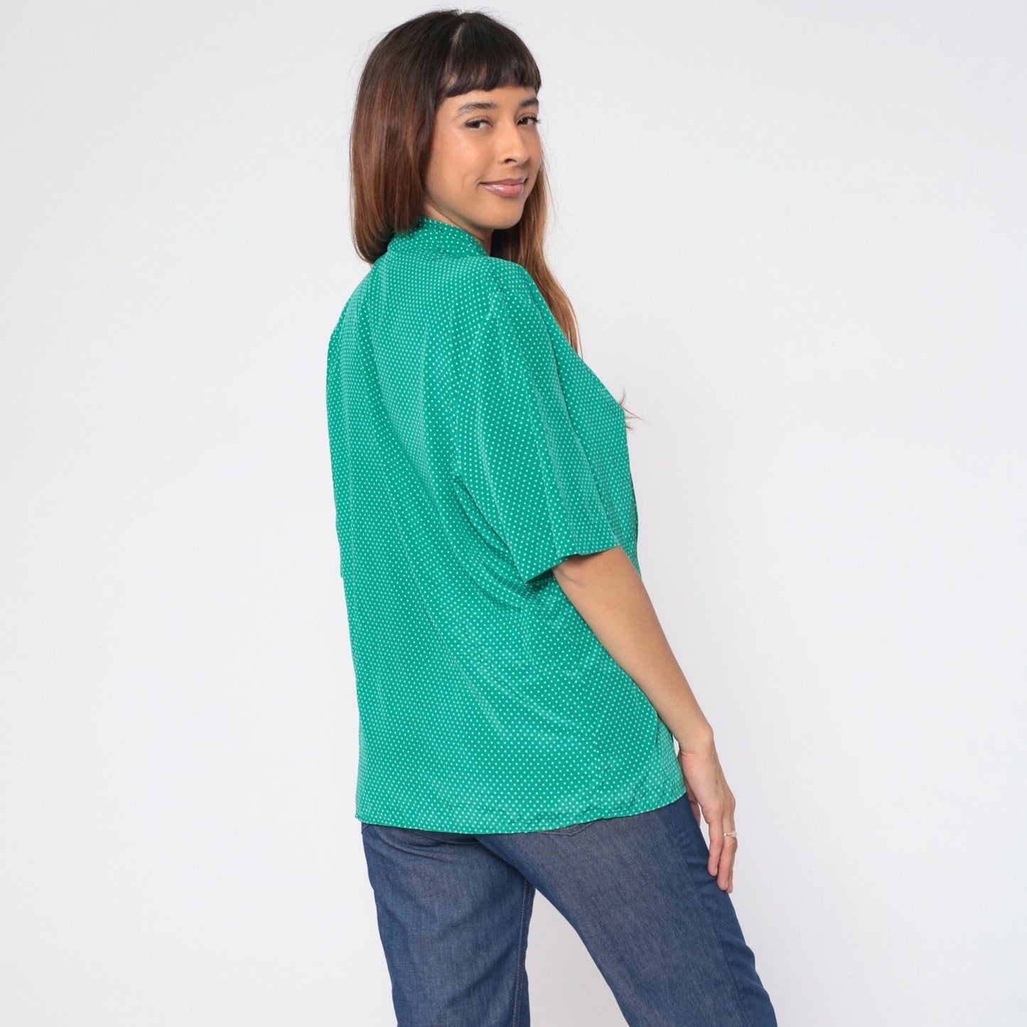90s Green Polka Dot Blouse V-Neck Pleated Short Sleeve Shirt Large L