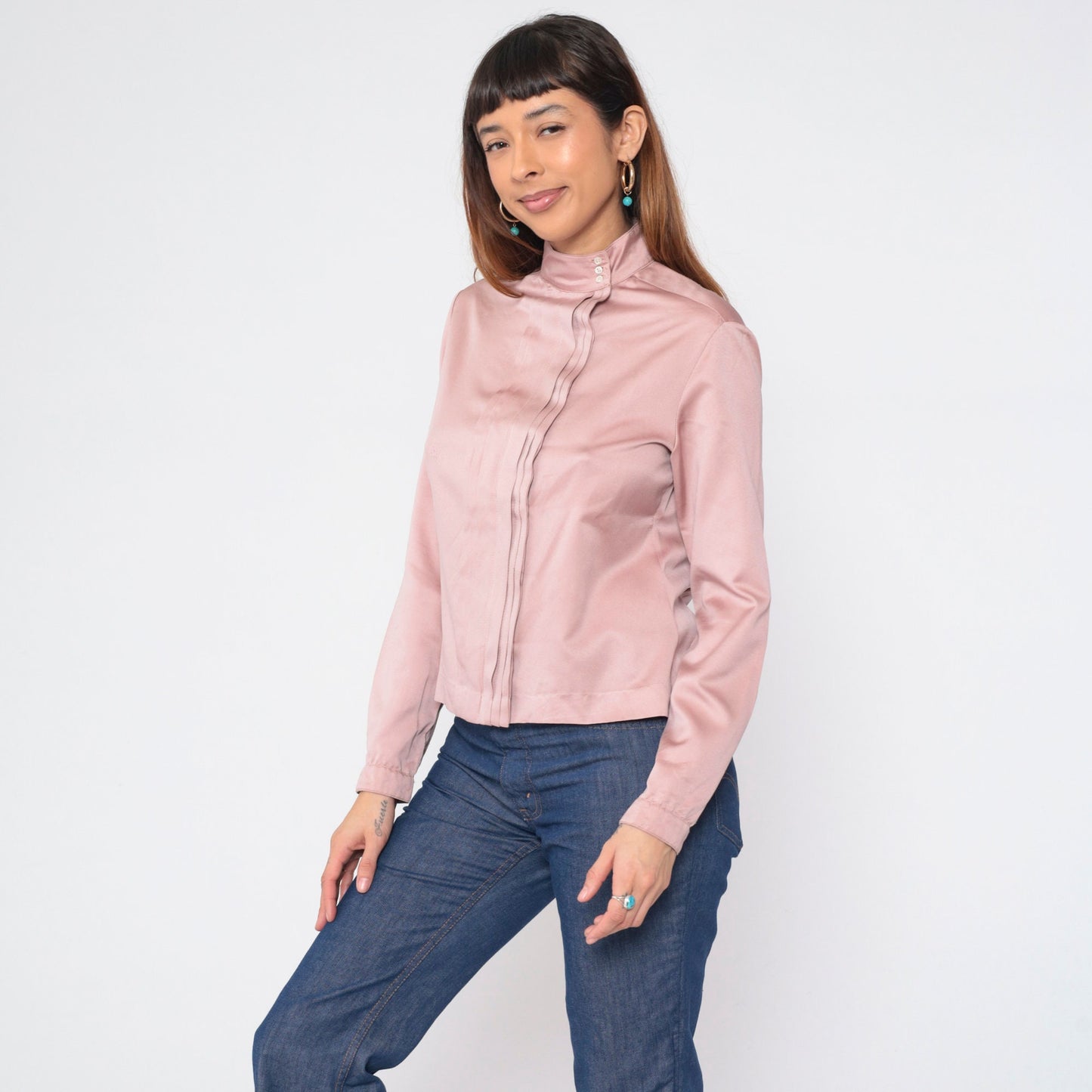 90s Ellen Tracy Pink Pleated Blouse Mock Neck Long Sleeve Medium