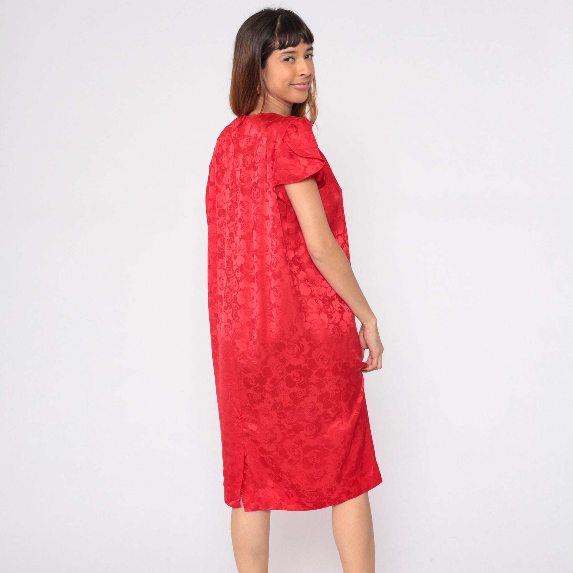 80s Lauren Alexandra Red Silk Floral Midi Dress Puff Sleeve Medium 10