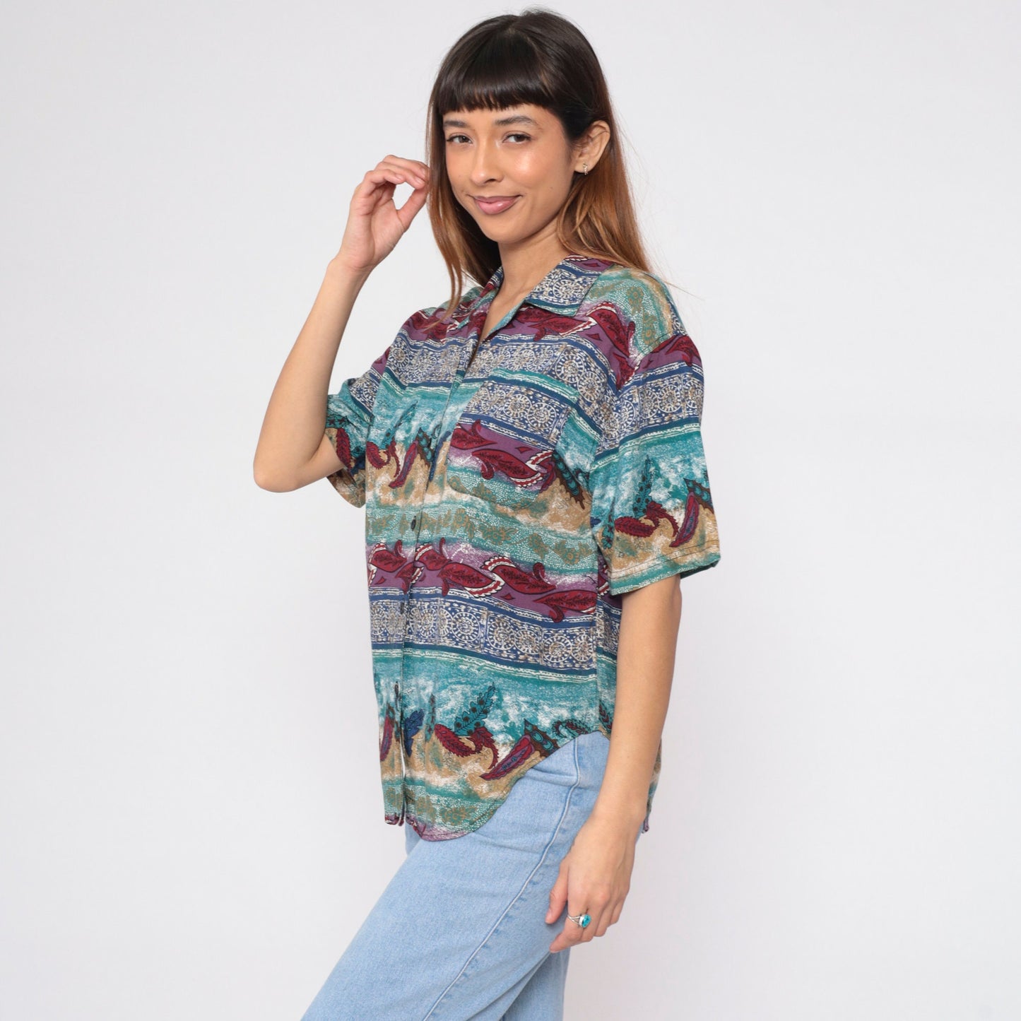 90s Indian Mandala Leaf Button-Up Blouse Short Sleeve Floral Print Blue Red Medium M