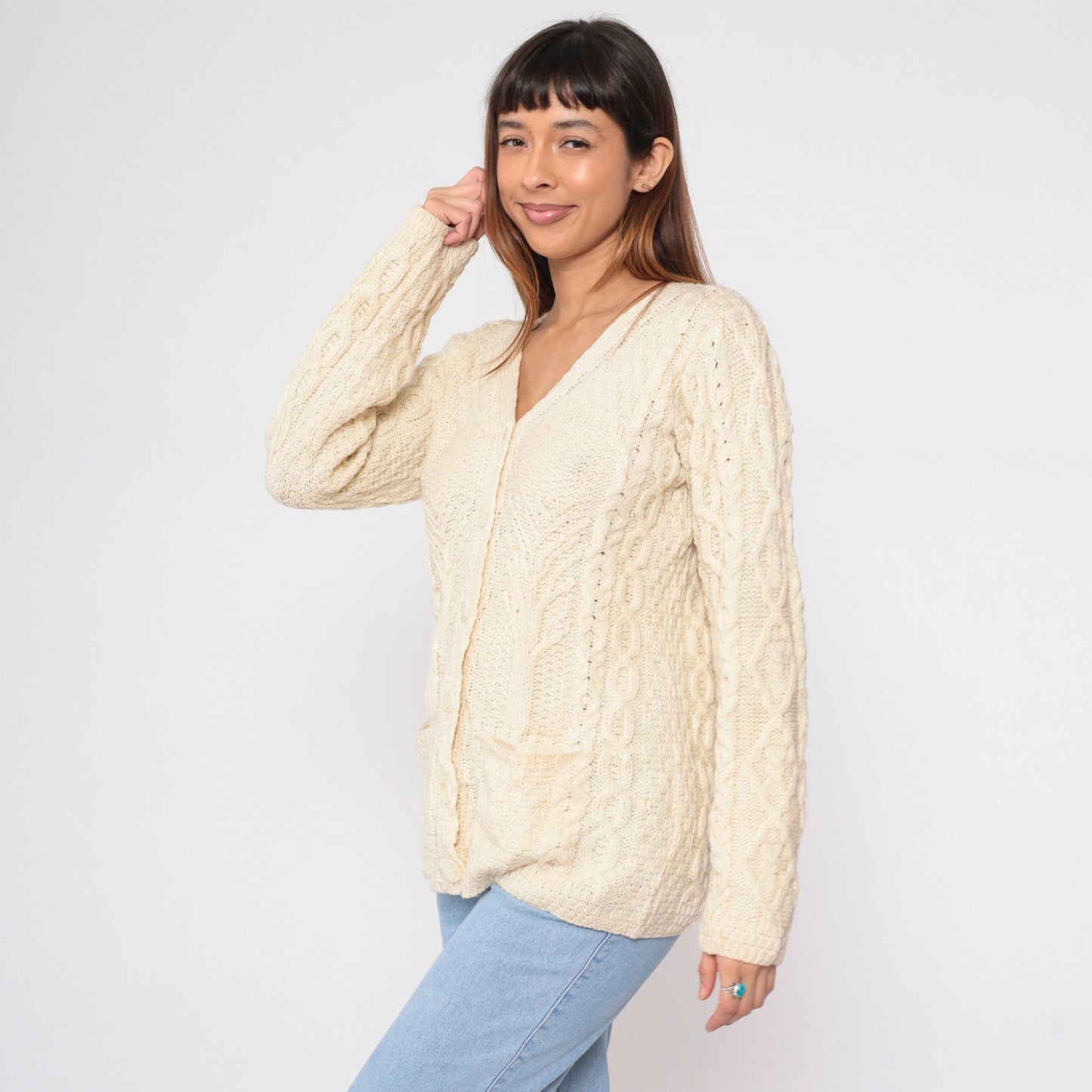 00s Kilronan Merino Wool Cable Knit Cardigan Cream Tree Print Medium M