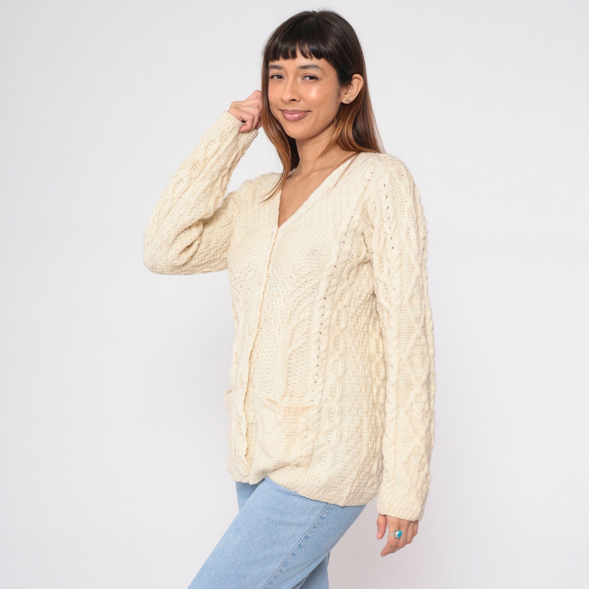 00s Kilronan Merino Wool Cable Knit Cardigan Cream Tree Print Medium M