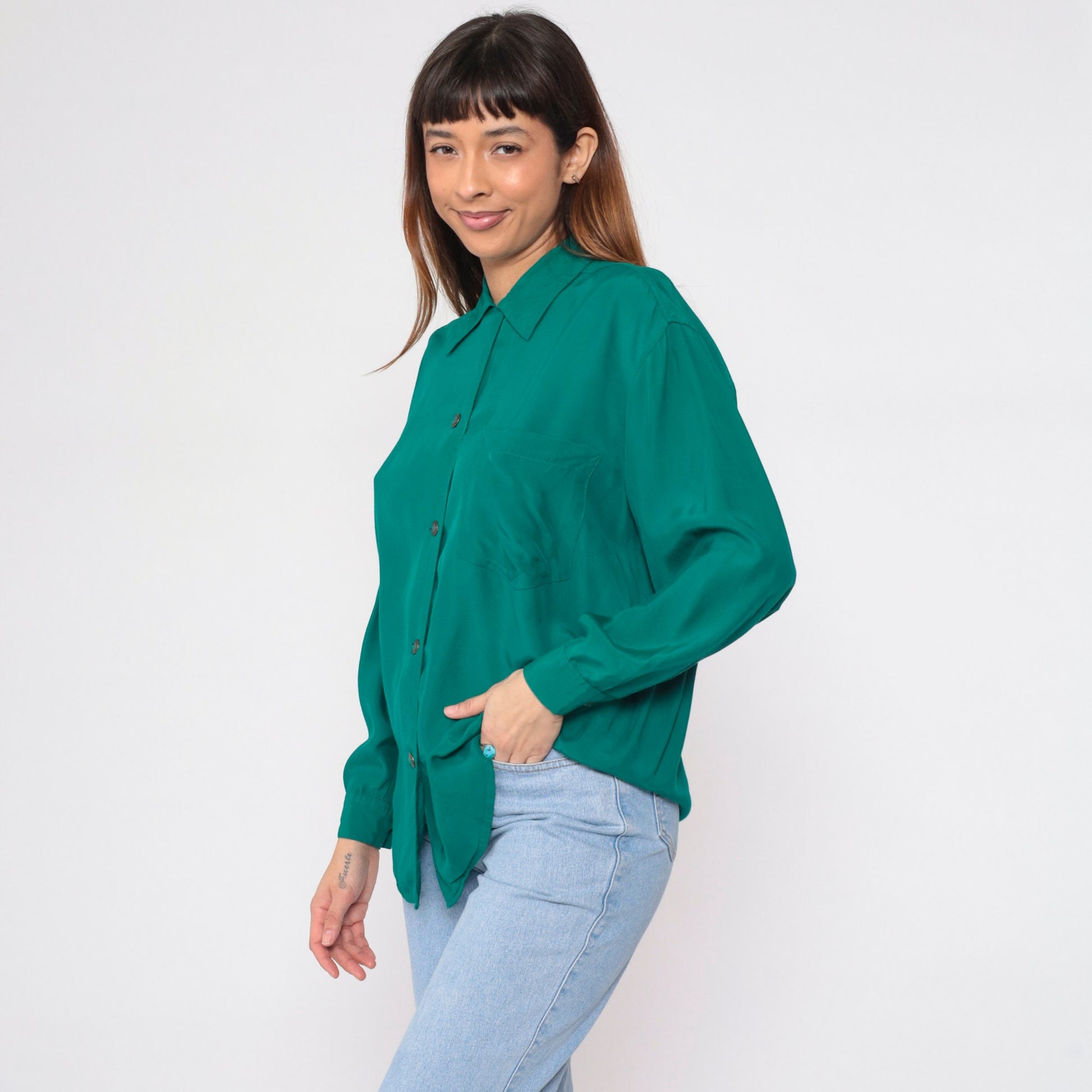 90s Paul Duffier Green Button-Up Blouse Long Sleeve Collared Small