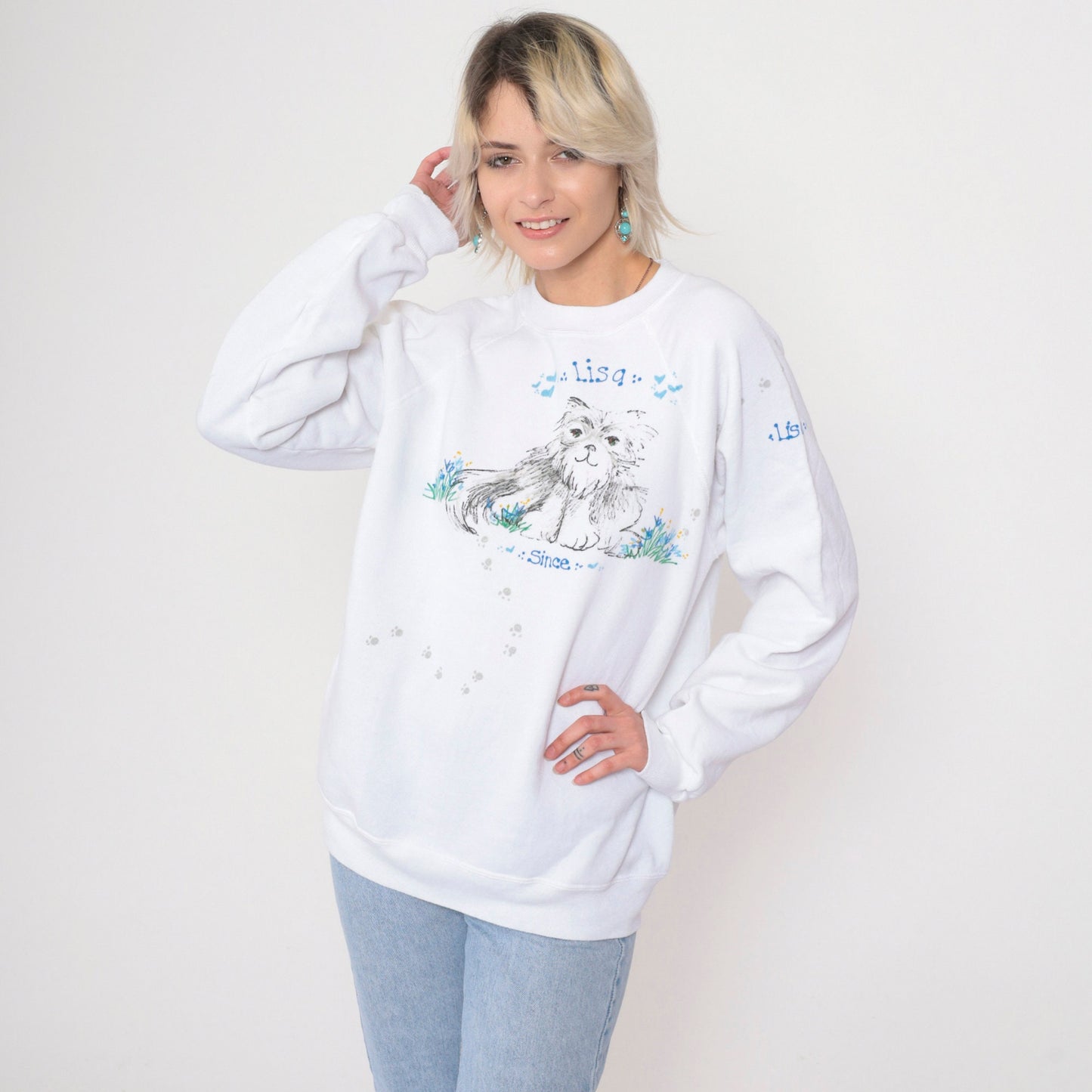 90s Hand Painted Cat Sweatshirt Lisa White Raglan Crewneck Medium