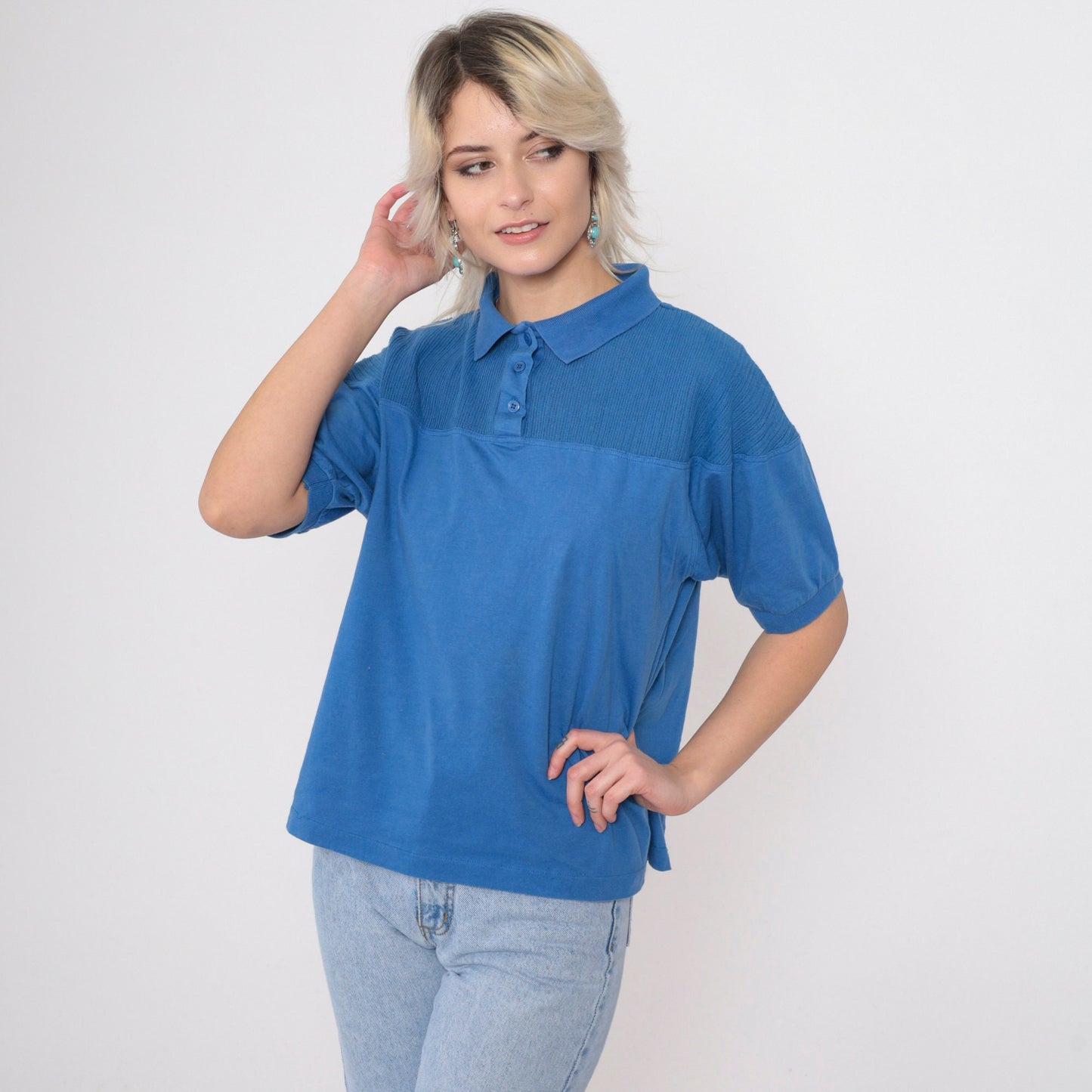 90s Blue Polo Shirt Cotton Blend Collared Short Sleeve Large