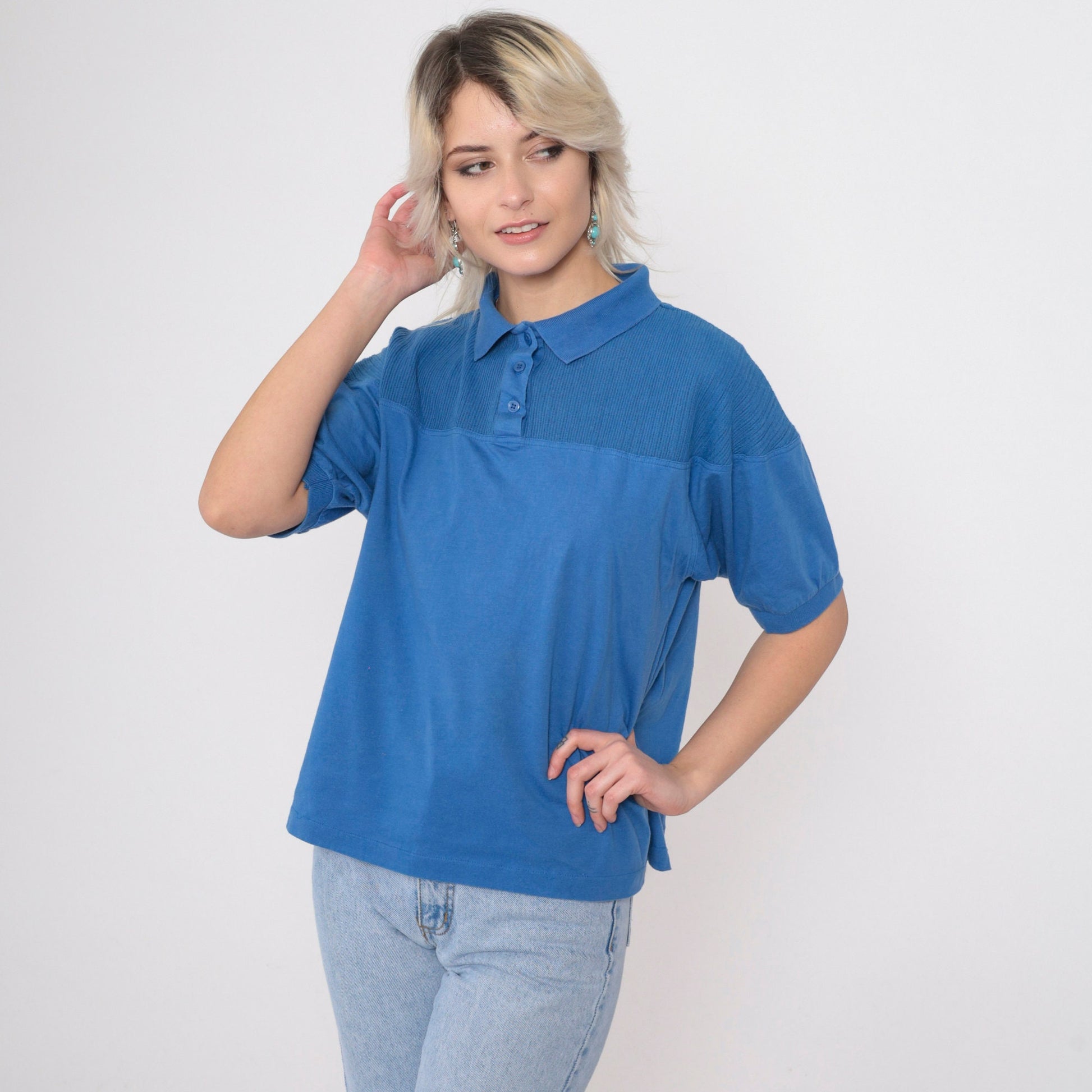 90s Blue Polo Shirt Cotton Blend Collared Short Sleeve Large