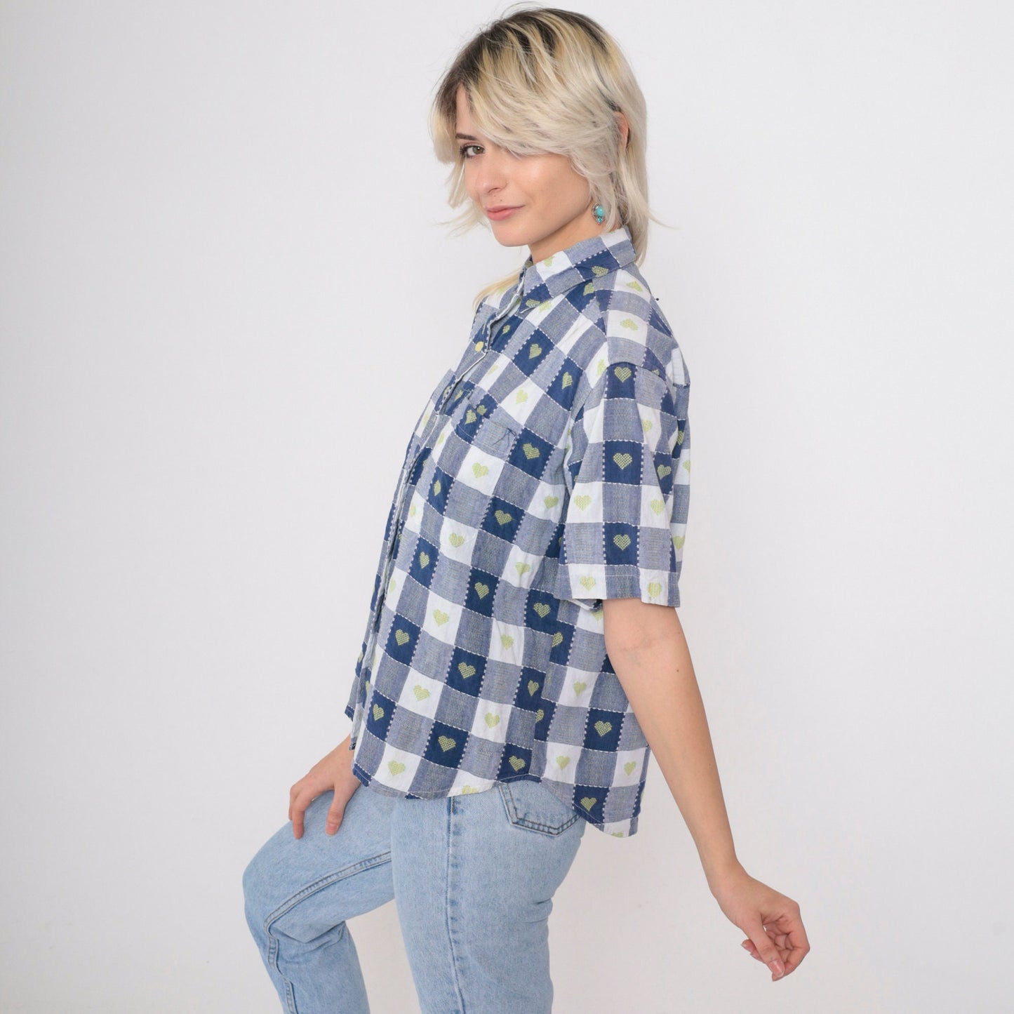 90s Blue Buffalo Plaid Shirt Embroidered Hearts Button Up Petite Medium