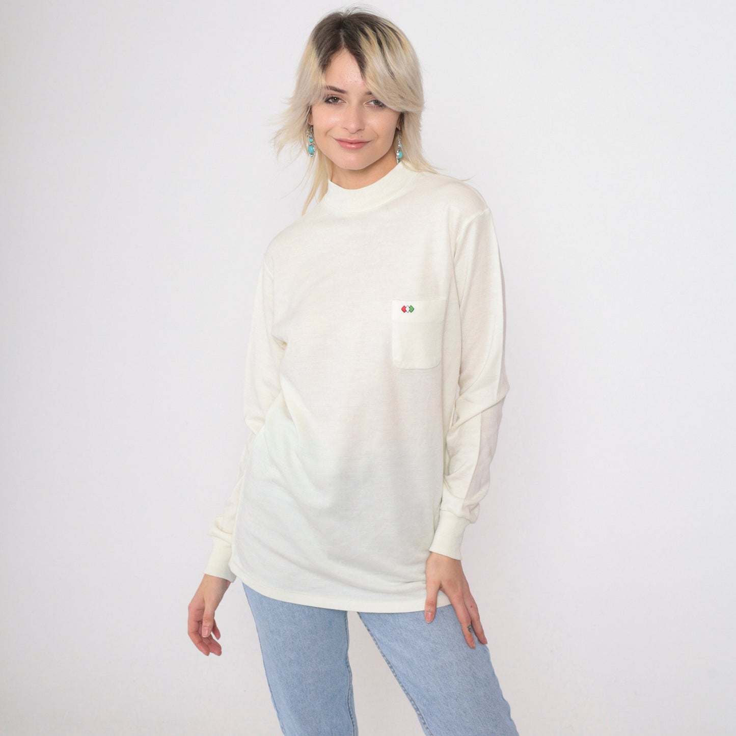 80s Mock Neck Shirt Cream Diamond Pocket Long Sleeve Top Small