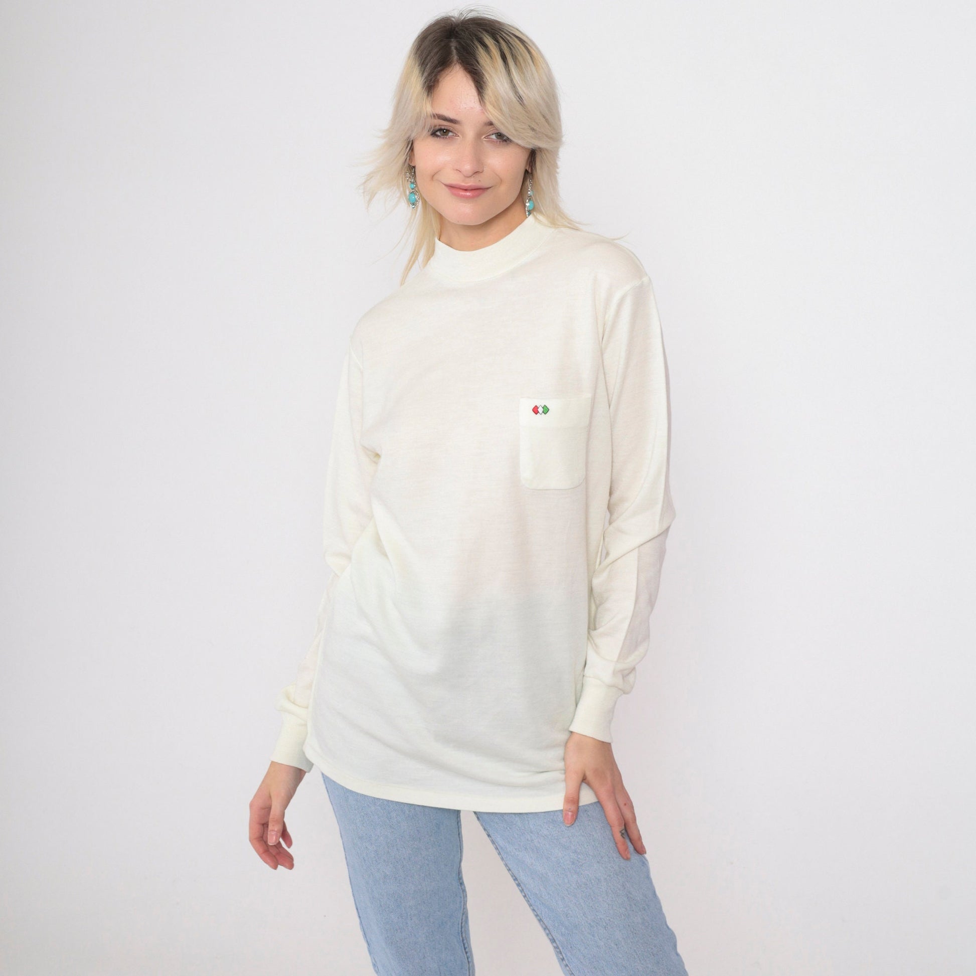 80s Mock Neck Shirt Cream Diamond Pocket Long Sleeve Top Small