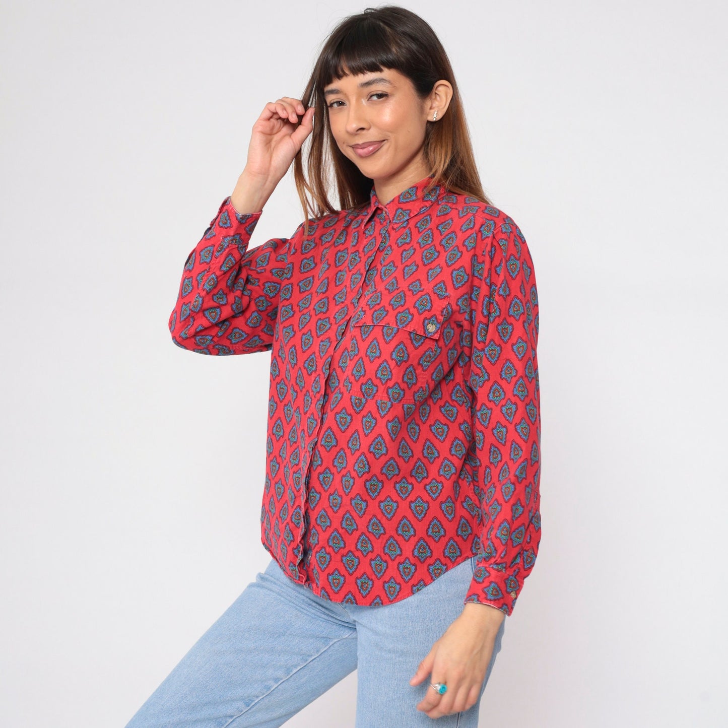 90s Heart Print Button-Up Blouse Red Floral Cotton Long Sleeve Medium M