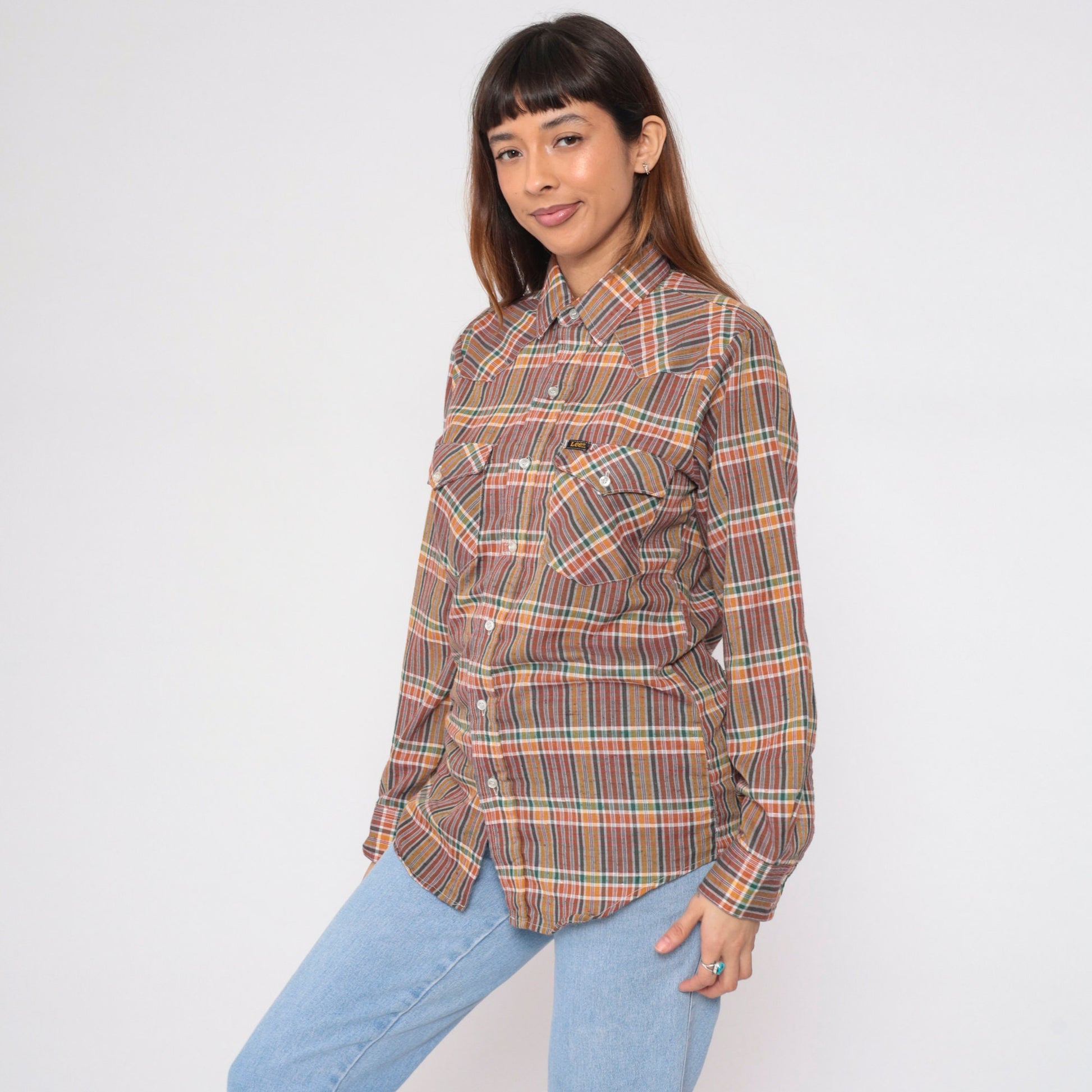 90s Lee Plaid Western Button-Up Shirt Long Sleeve Checkered Yoke Medium M