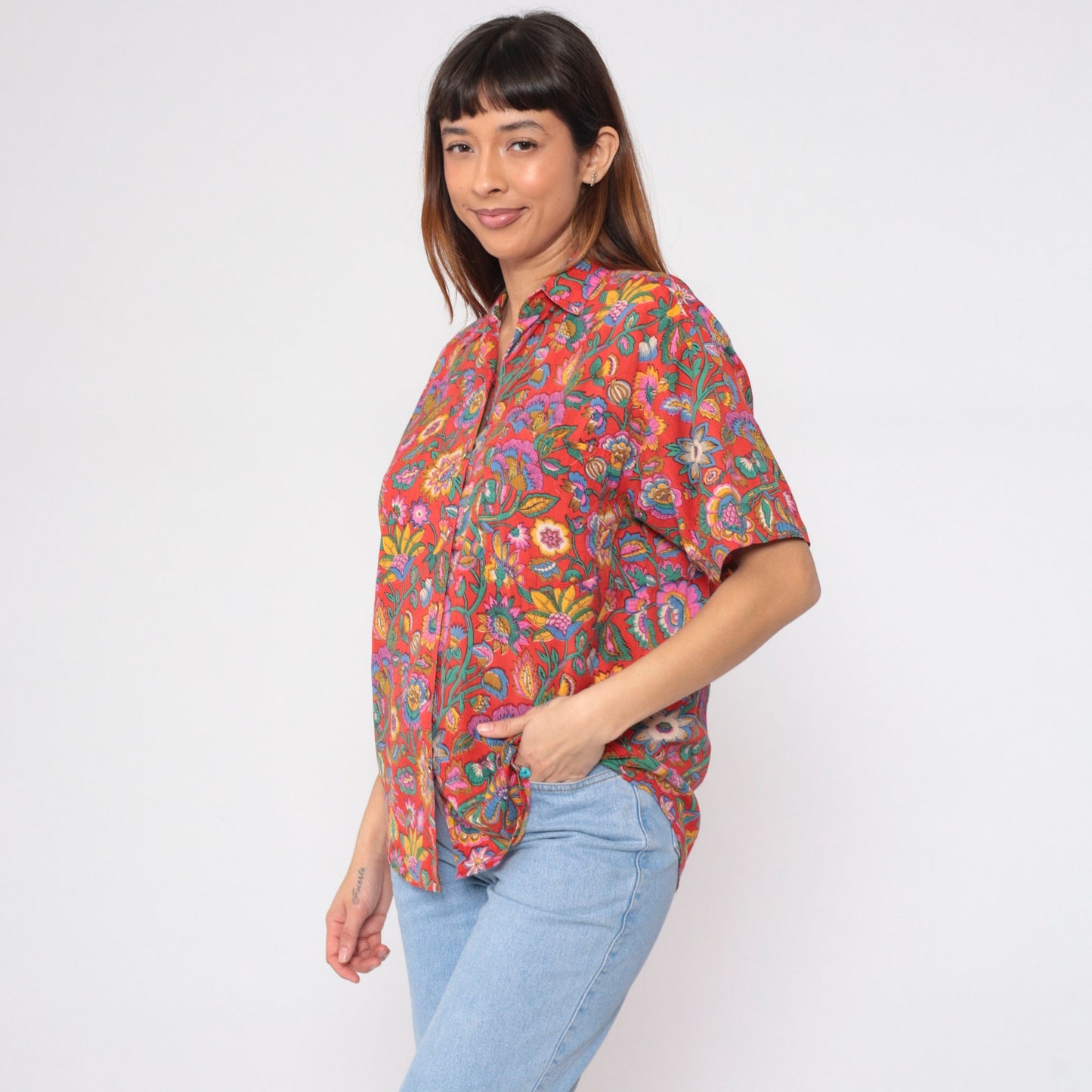 90s Indian Floral Red Button-Up Blouse Short Sleeve Cotton Rayon Medium M