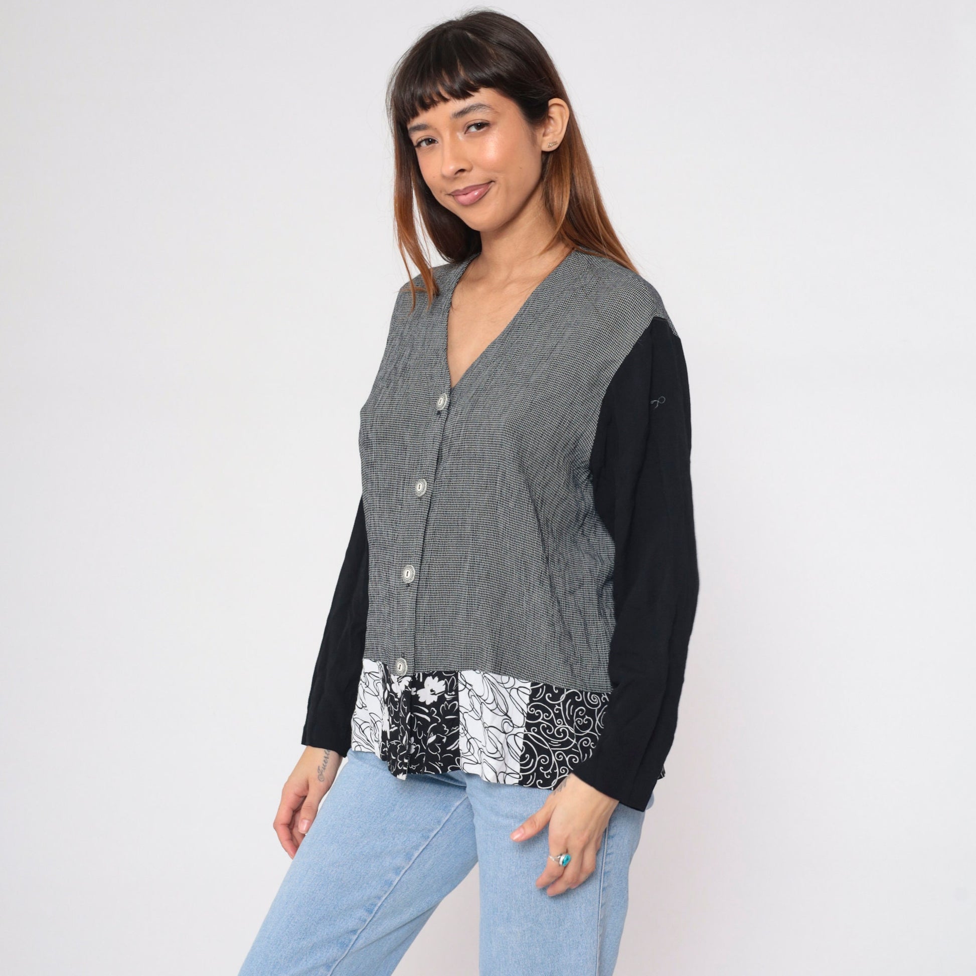 90s Aimee d Black White Checkered Floral Print Blouse V Neck Long Sleeve Small
