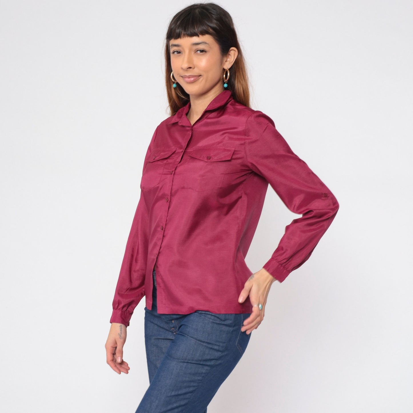 70s Berry Red Button-Up Blouse Long Sleeve Collared Shirt Chest Pockets Small S