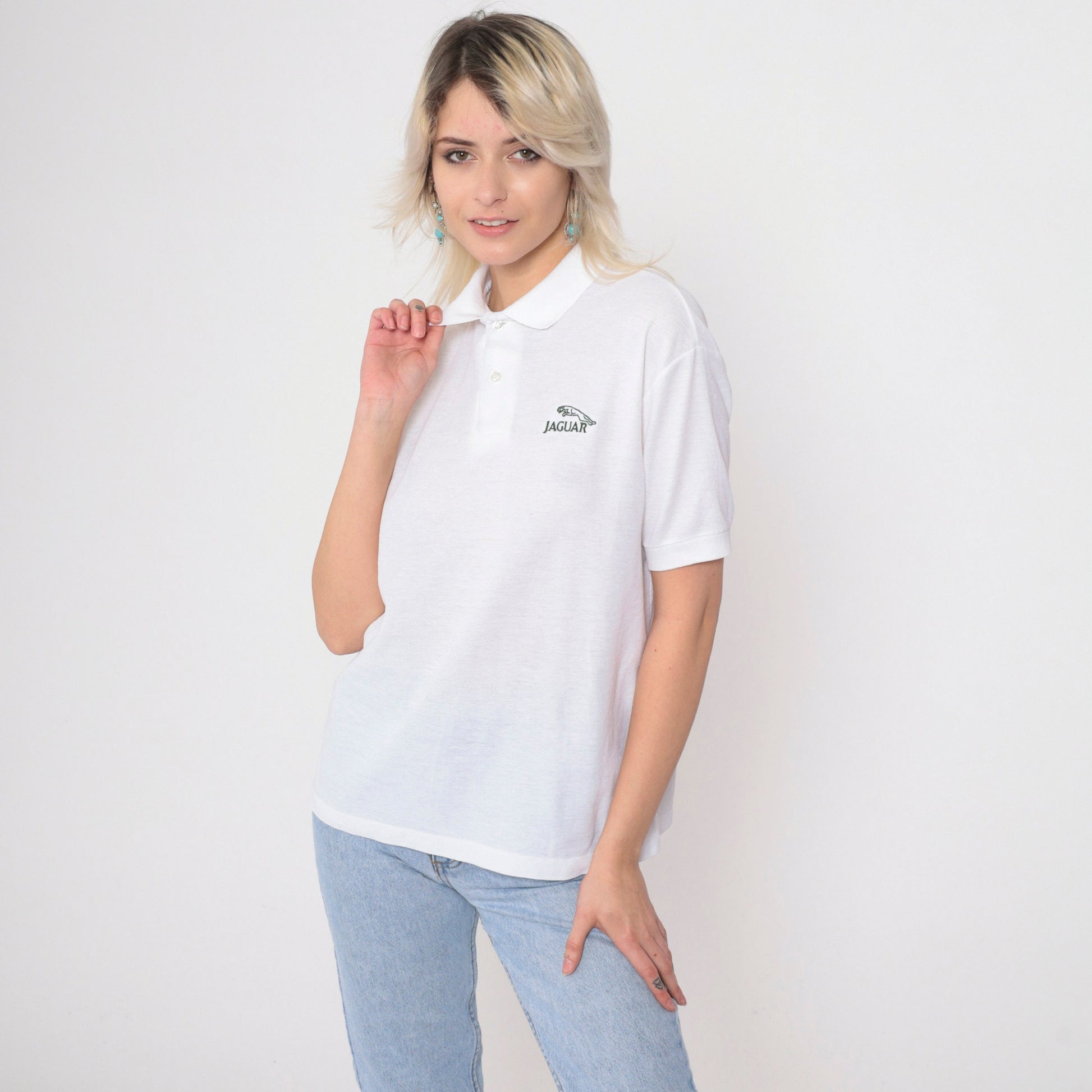80s Jaguar Logo Polo Shirt White Cotton Graphic Button-Up Medium