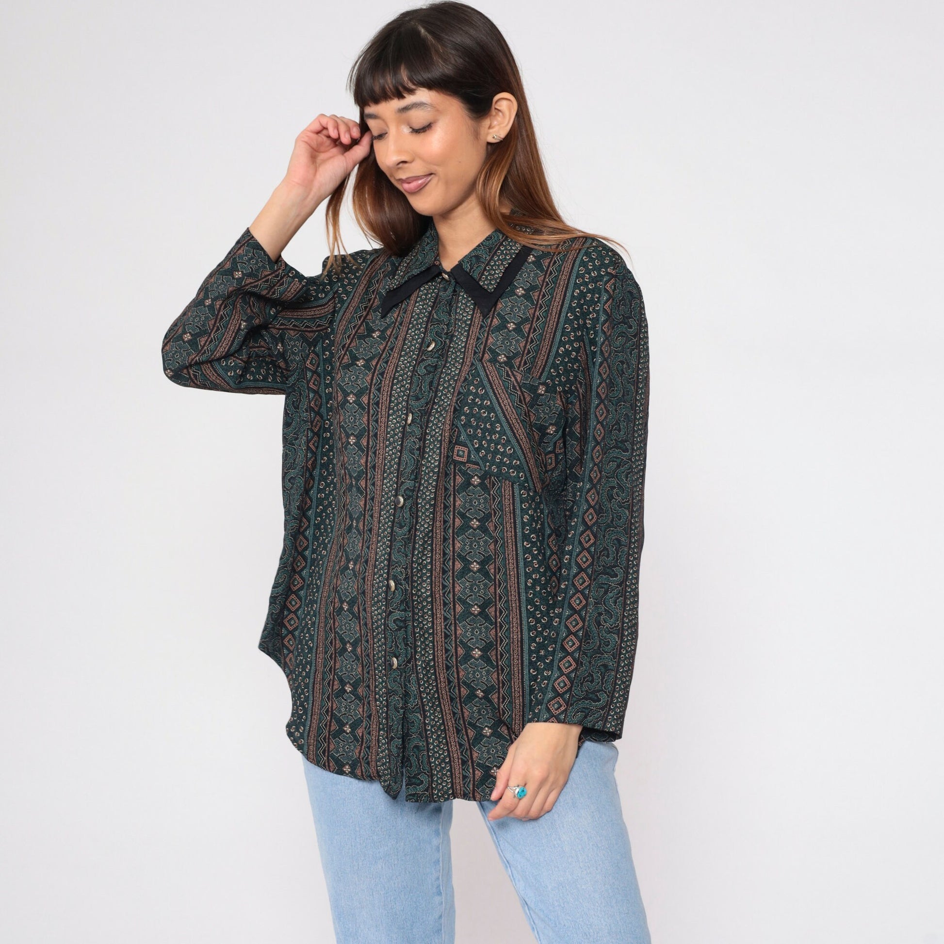 90s Striped Abstract Print Button-Up Blouse Layered Collar Long Sleeve Plus Size XXL
