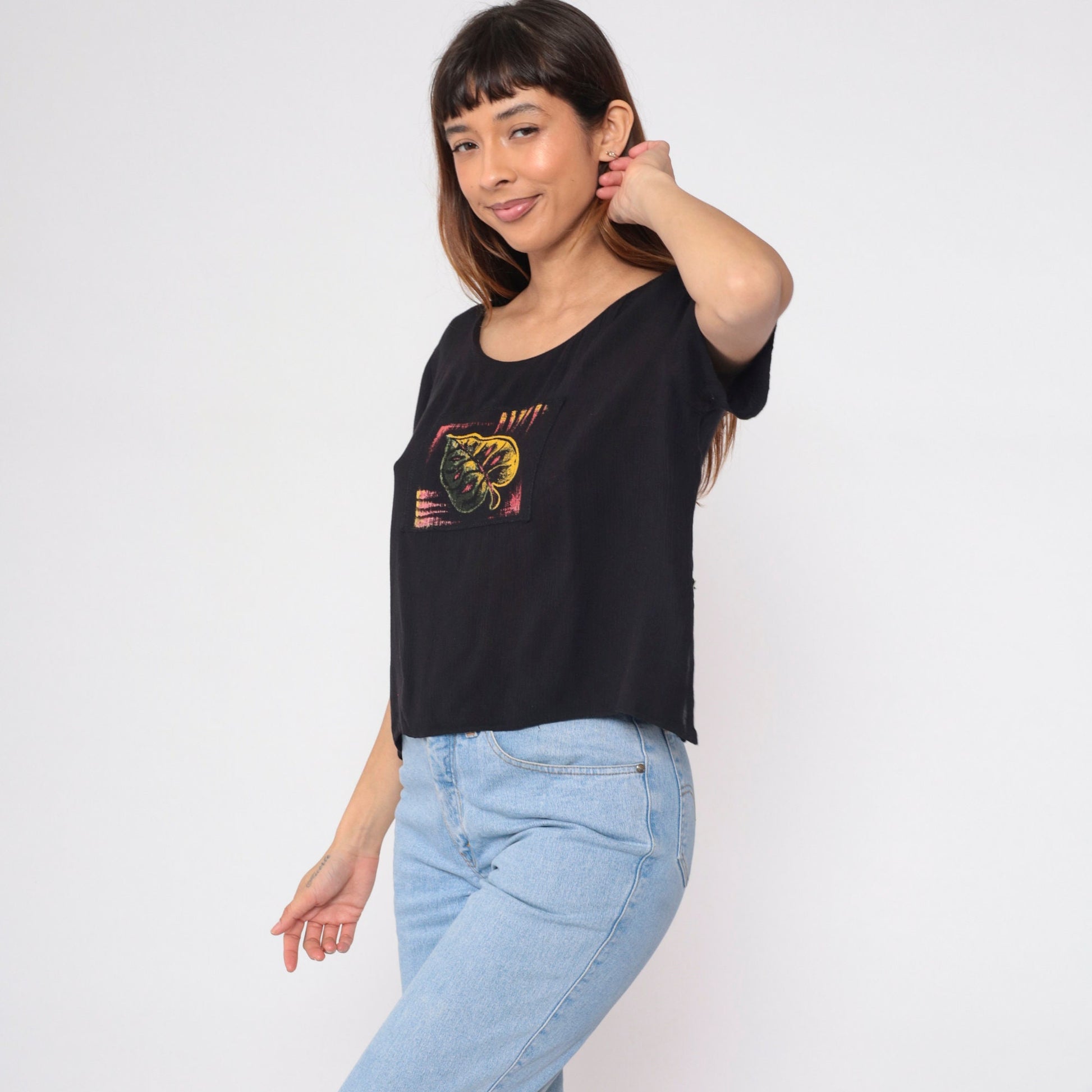 90s Black Leaf Patch Blouse Short Sleeve Button Side Slit Rayon Top Medium