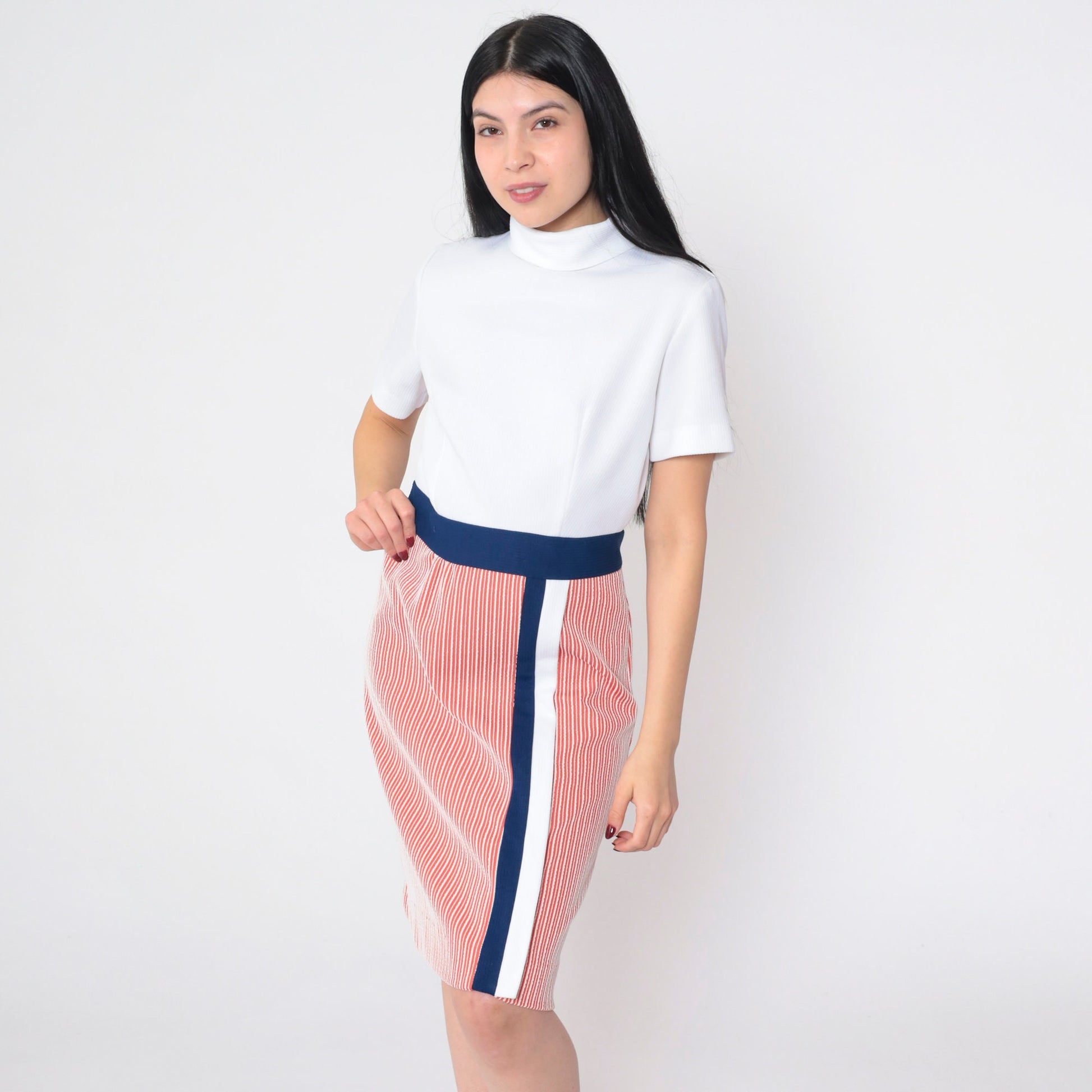 60s Striped Shift Dress Mock Neck Mini Red White Navy Blue Medium M