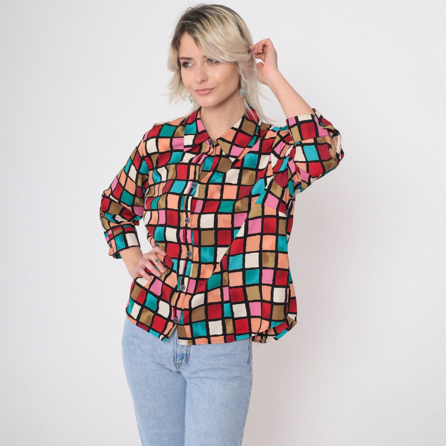 90s Checkered Button-Up Blouse 3/4 Sleeve Red Pink Turquoise Preppy Extra Large