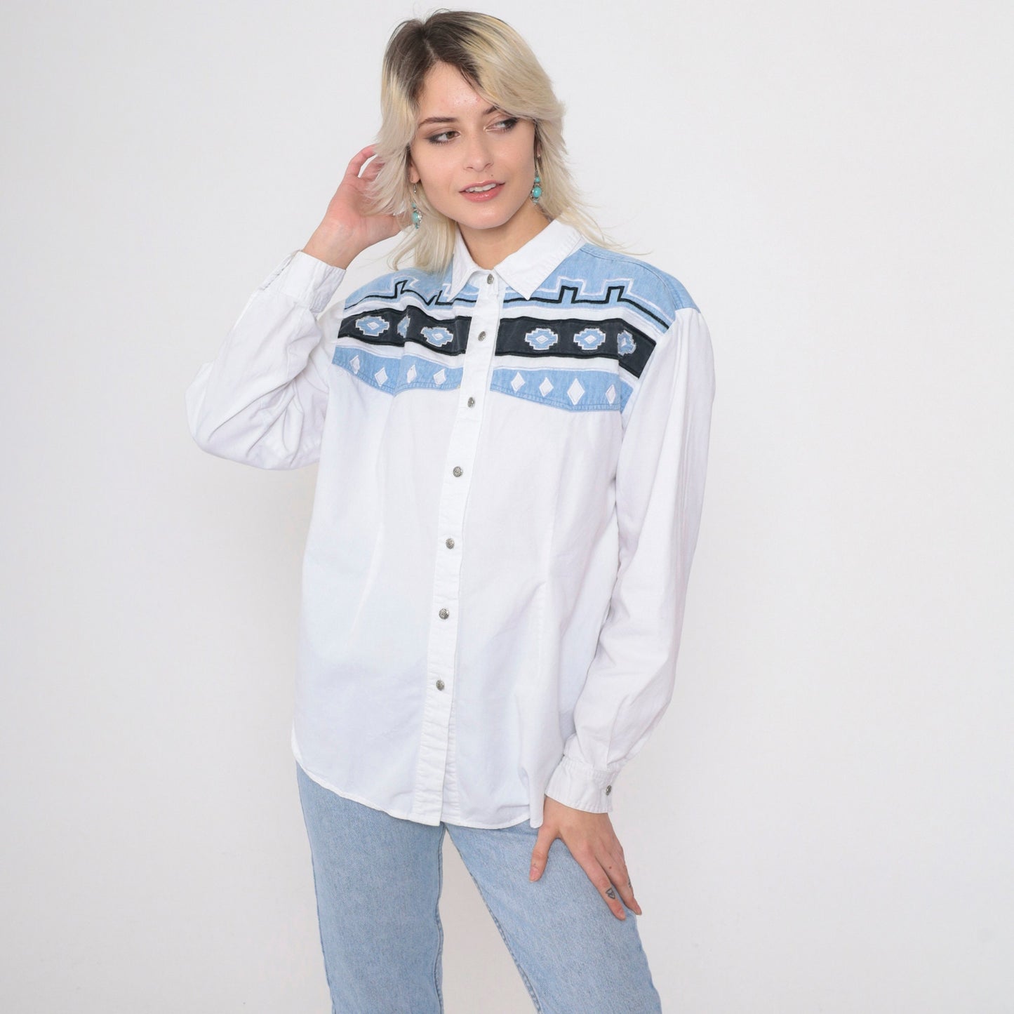 90s Adobe Rose Southwestern Embroidered Button Up Blouse White Cotton Large L