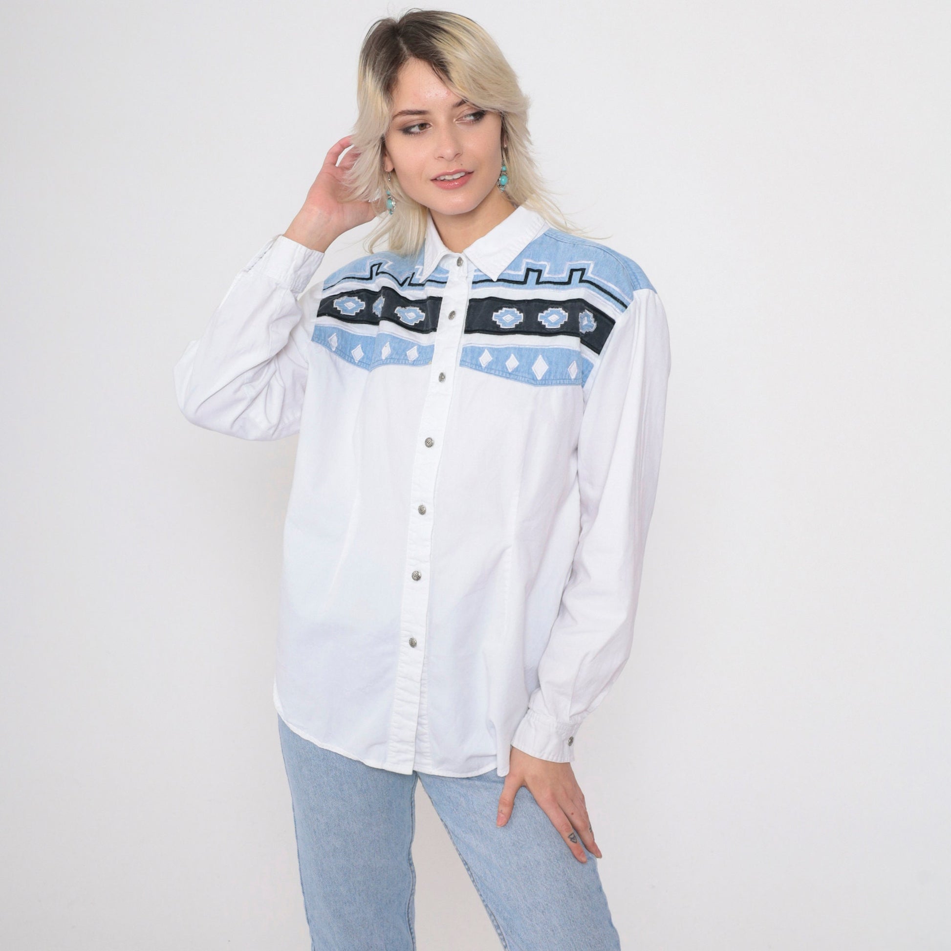 90s Adobe Rose Southwestern Embroidered Button Up Blouse White Cotton Large L