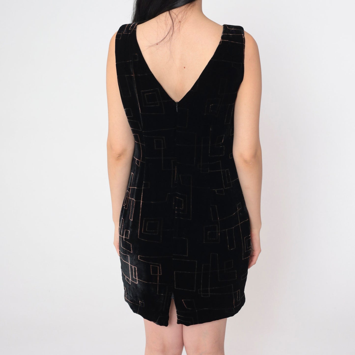 00s Jones New York Black Velvet Mini Dress Copper Geometric V Back Small