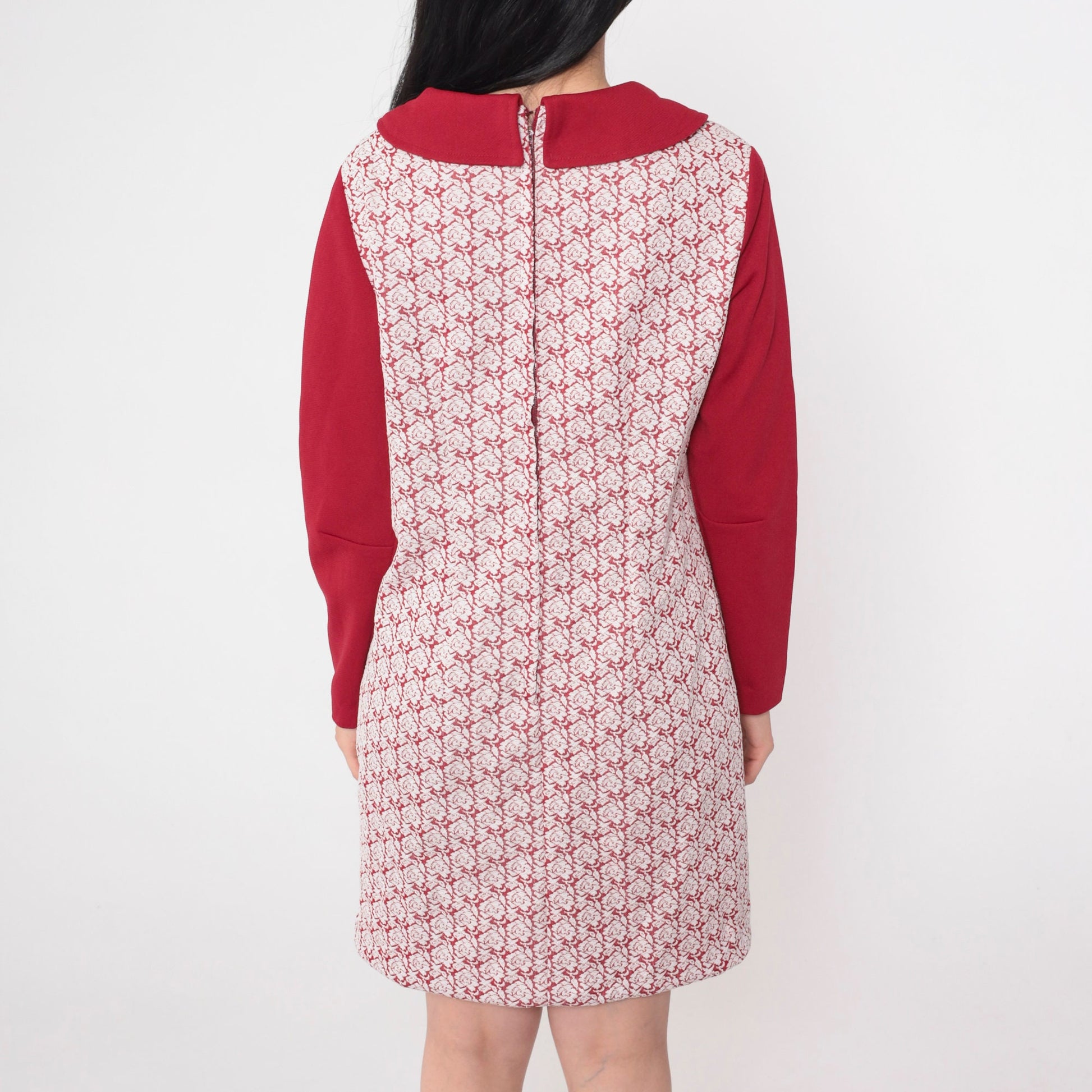 70s Red Heart Floral Mini Dress Collared Long Sleeve Shift Medium M